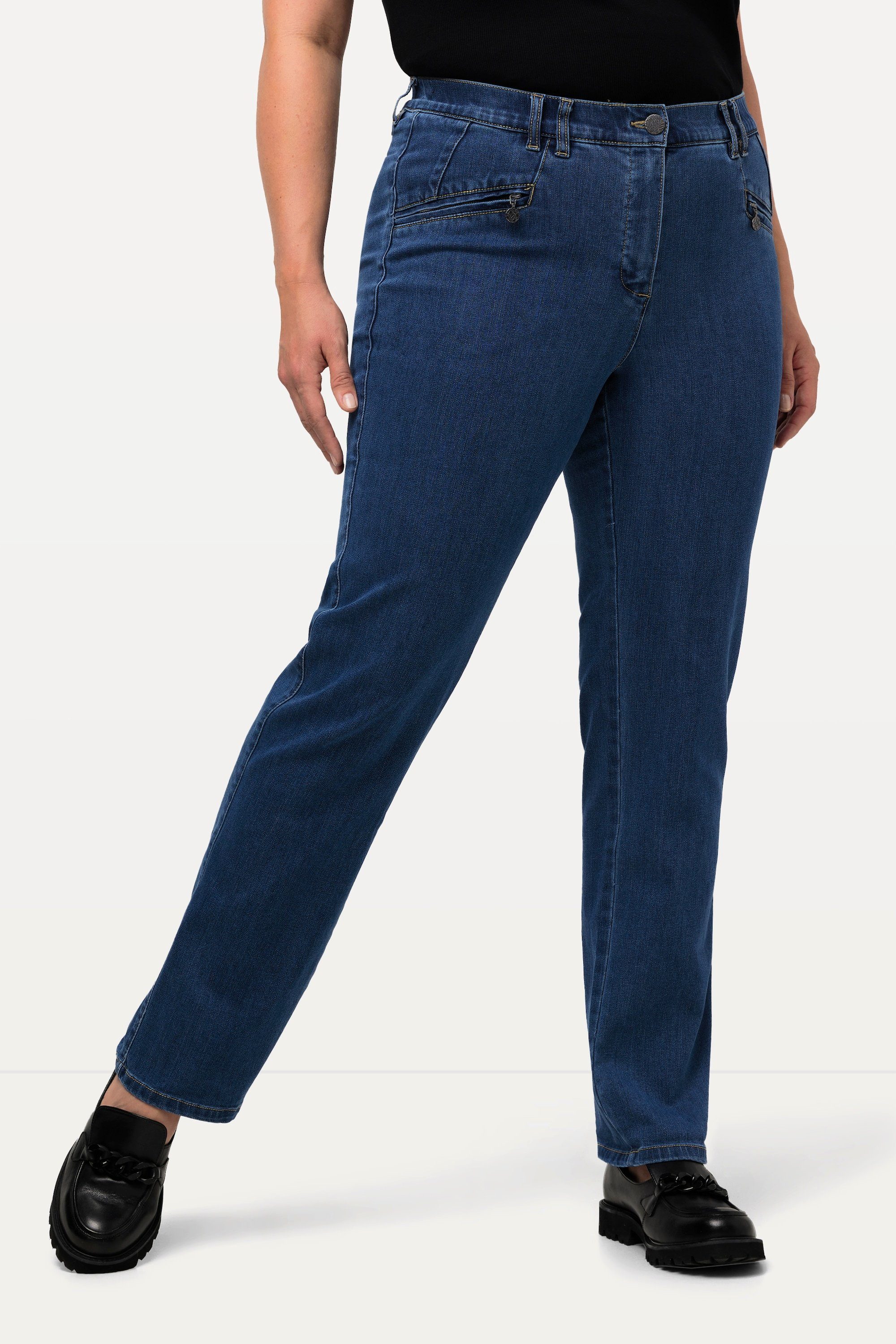 denim blue Popken konisches Jeans Mony Ulla Regular-fit-Jeans Reißverschlusstaschen Bein