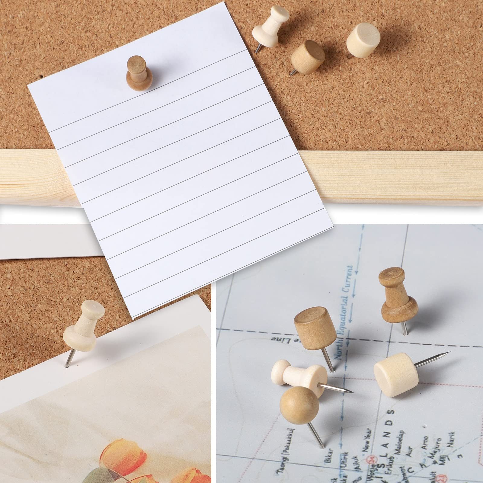 FOUORTUNATE-BEE Pinnnadel 300 Holz Reißzwecken Pinnwandnadeln mit Box für Korkwand Set, Für Fotos Karten Büro Schule Korktafel Reißzwecken Holz Set – Bild 3 von 5