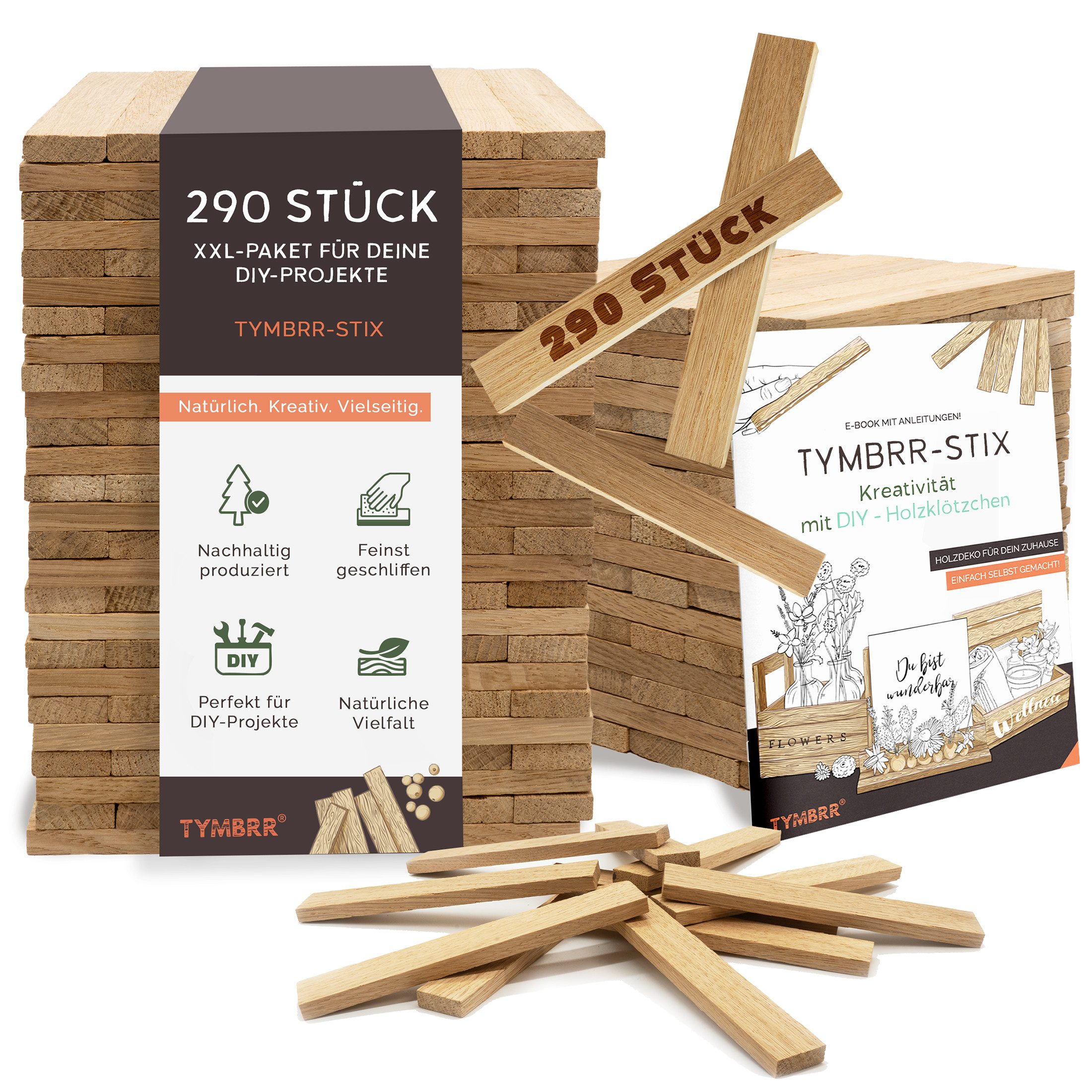 TYMBRR Ремеслоaturmaterial TYMBRR, 290 Holzklötzchen Eiche, Bastelholz 160x23x8mm, (Set 290-tlg), reines naturmaterial