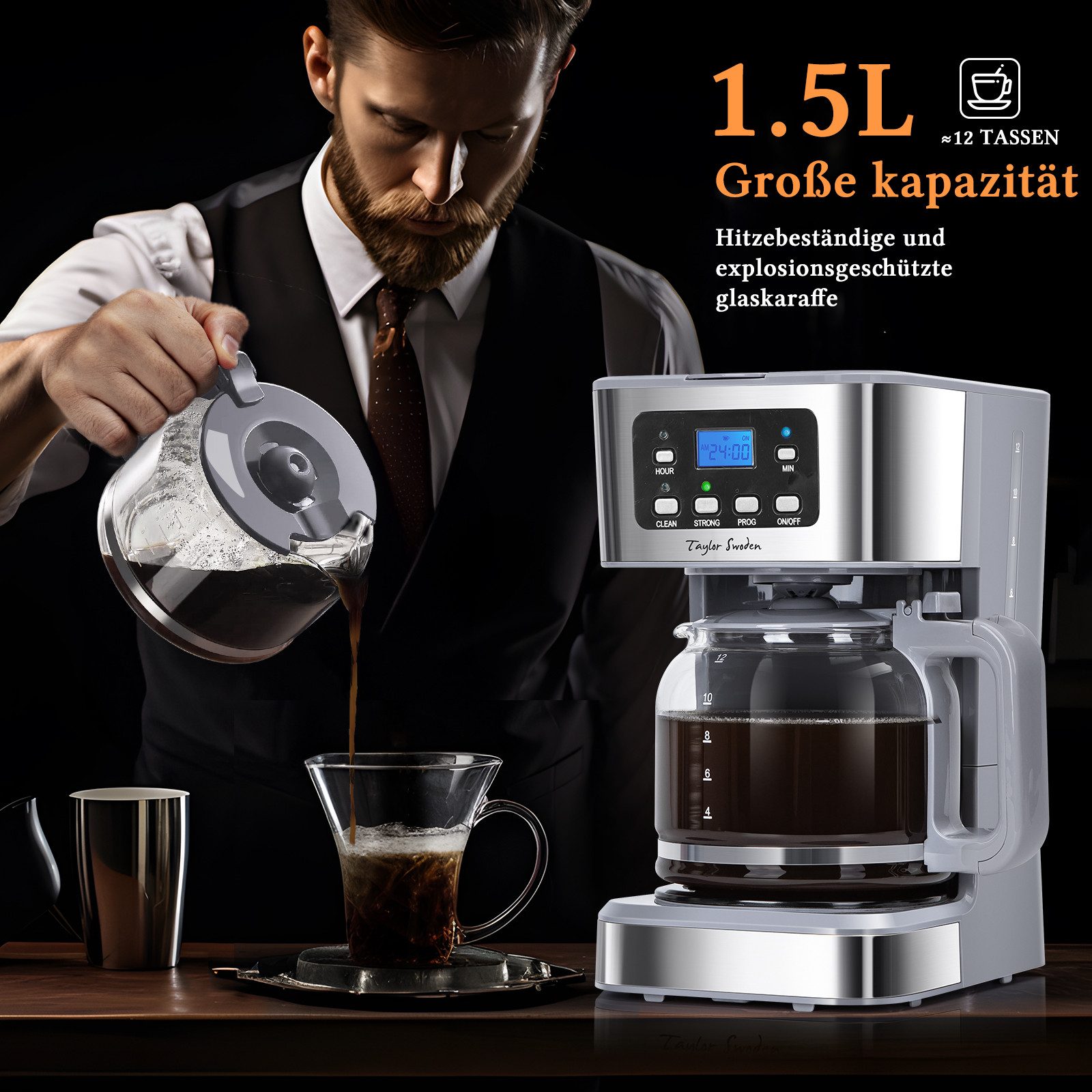 Taylor Swoden Filterkaffeemaschine 950 W, 1.5L/12 Tassen, Anti-Tropf, 24H Timer, 40 Mins Warmhaltefunktion, BPA-frei, 1.5l Kaffeekanne, Wiederverwendbarem Filter, 950W, Abschaltautomatik, BPA-frei