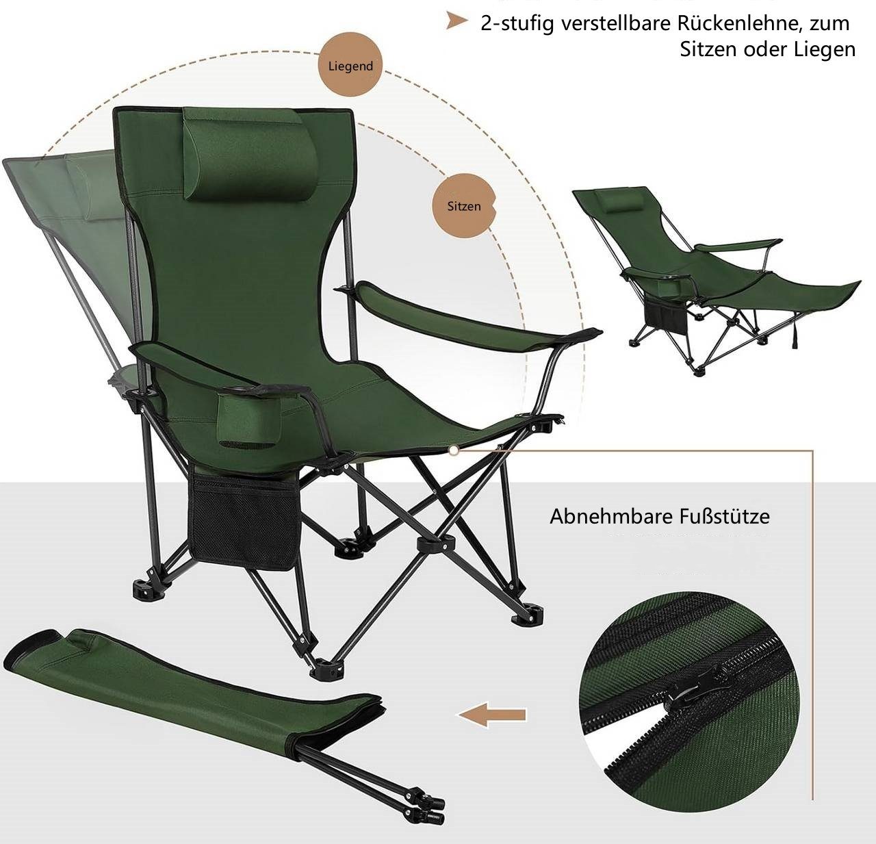 Getränkehalter mit (1 Armlehnen für St), klappbar Grün Outdoor Campingstuhl Woltu