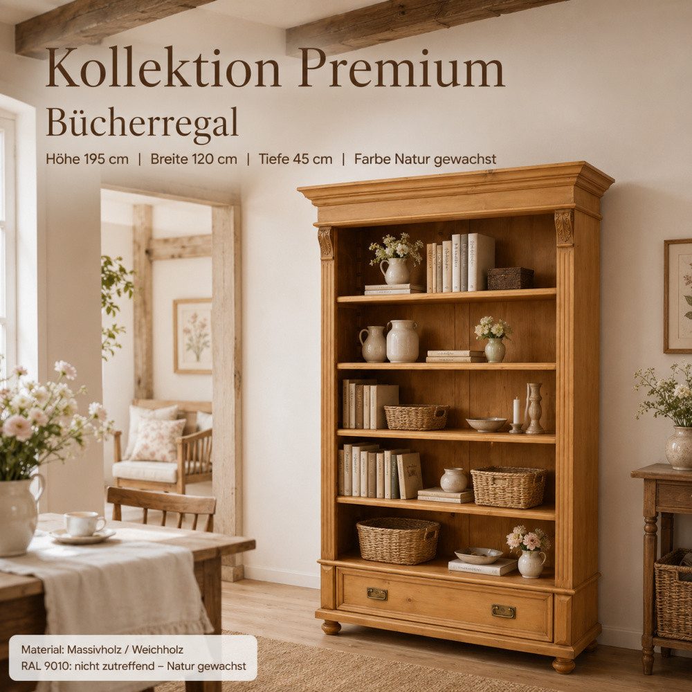 Wohnpalast Bücherregal Premium Bücherregal Massivholz – Landhausstil, gewachst, Handarbeit