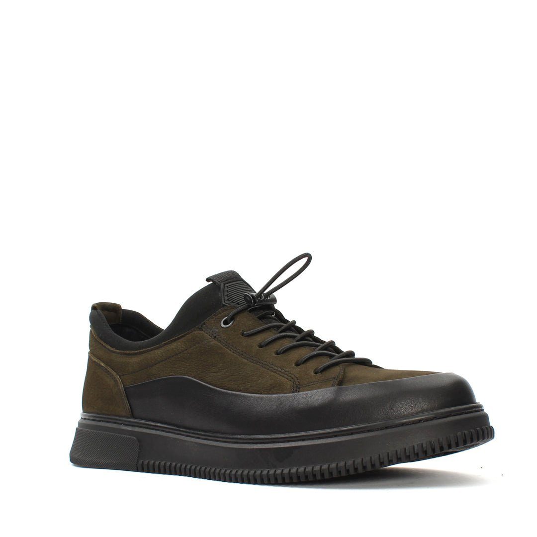 Celal Gültekin Leder-Sneaker Elastische Schnürung Plateau Casual Freizeit Herren Schnürschuh Veloursleder & Leder, Plateau-Profilsohle, Schwarz/Khaki, 40