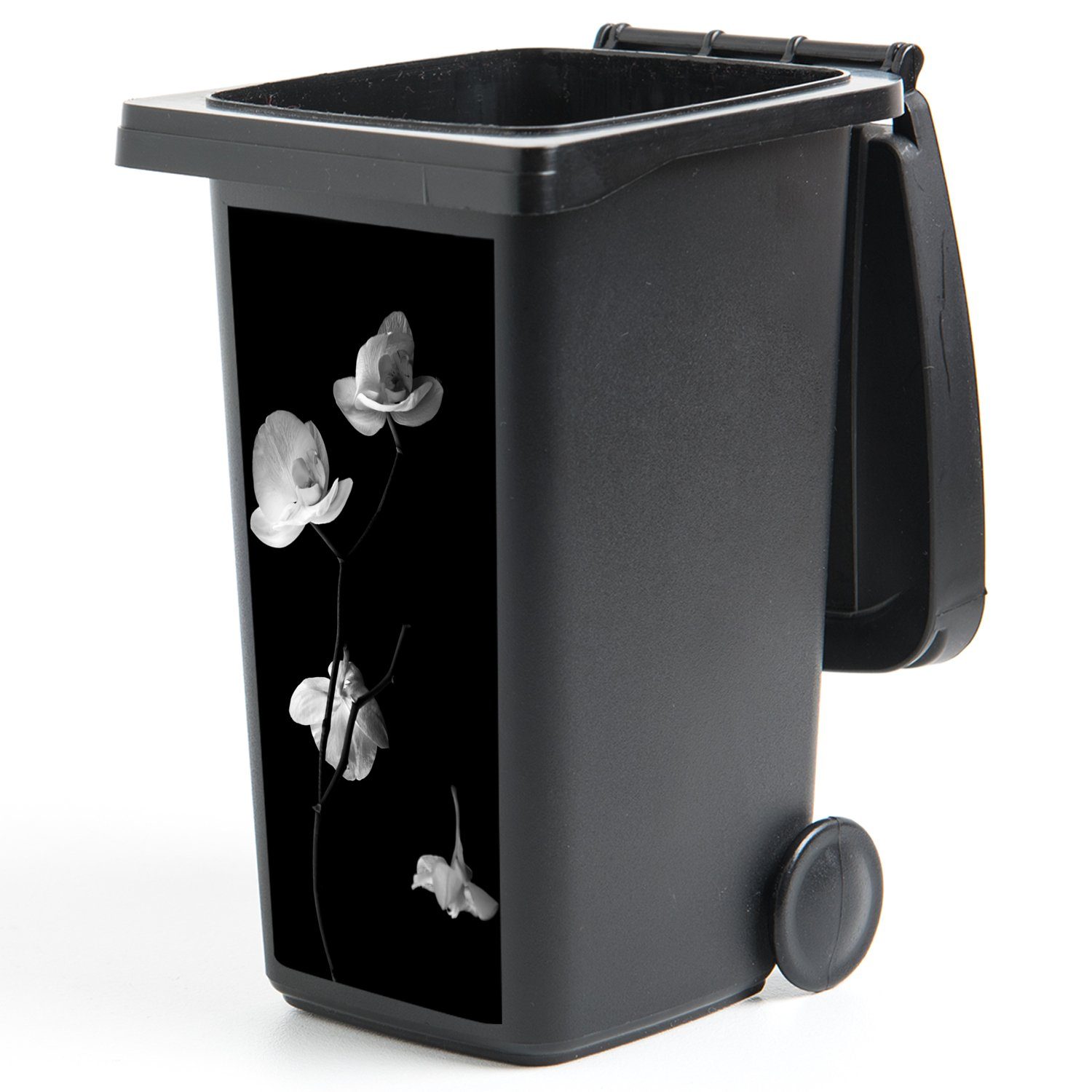 Mülleimer-aufkleber, Sticker, Weiß Schwarz Wandsticker - (1 St), Orchidee Blumen Container, - Stilleben Abfalbehälter - - MuchoWow Mülltonne,