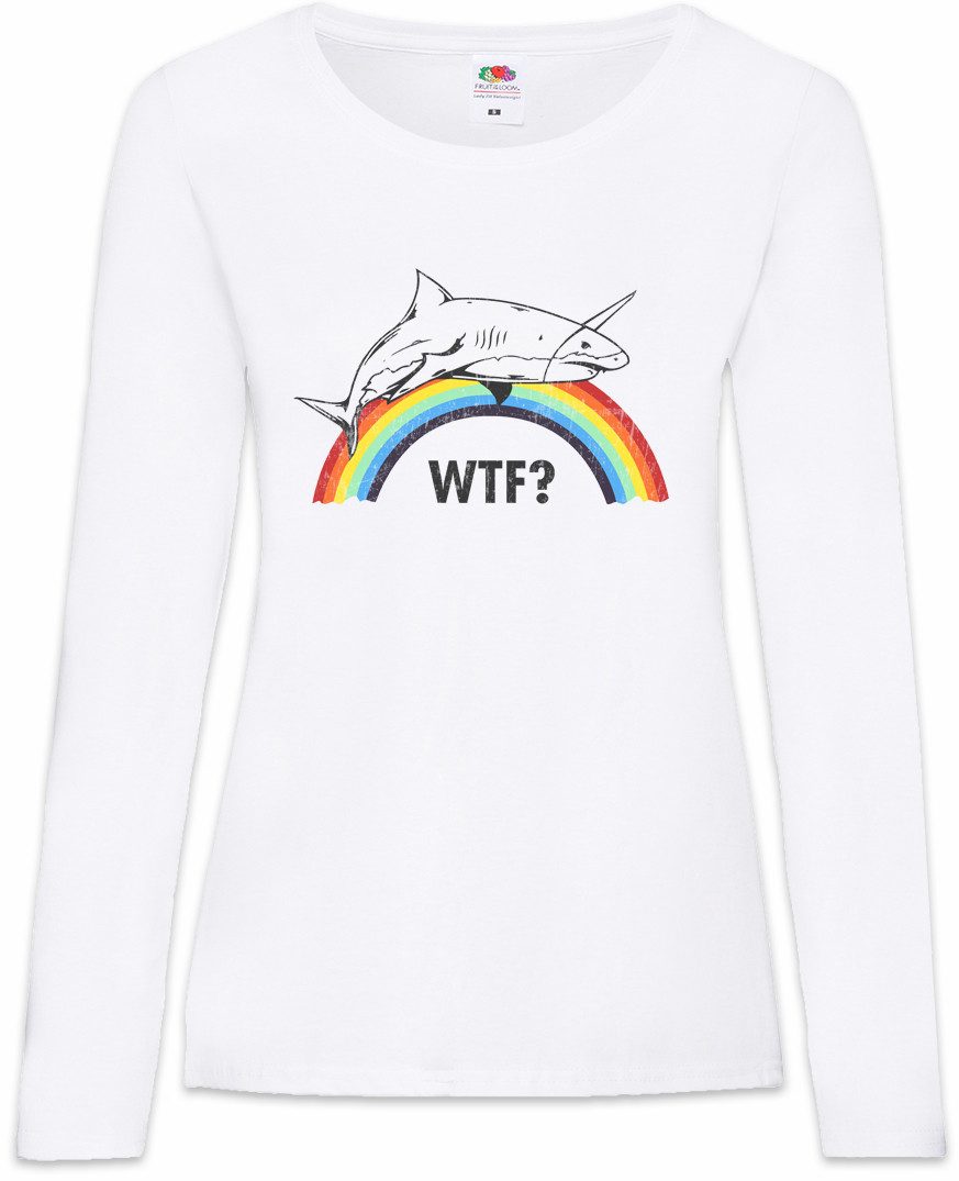 Urban Backwoods Langarmshirt Unicorn Shark Damen Langarmshirt Einhorn Hai Jaws Comic Anime (1-tlg) Regenbogen Rainbow Cute Fantasy