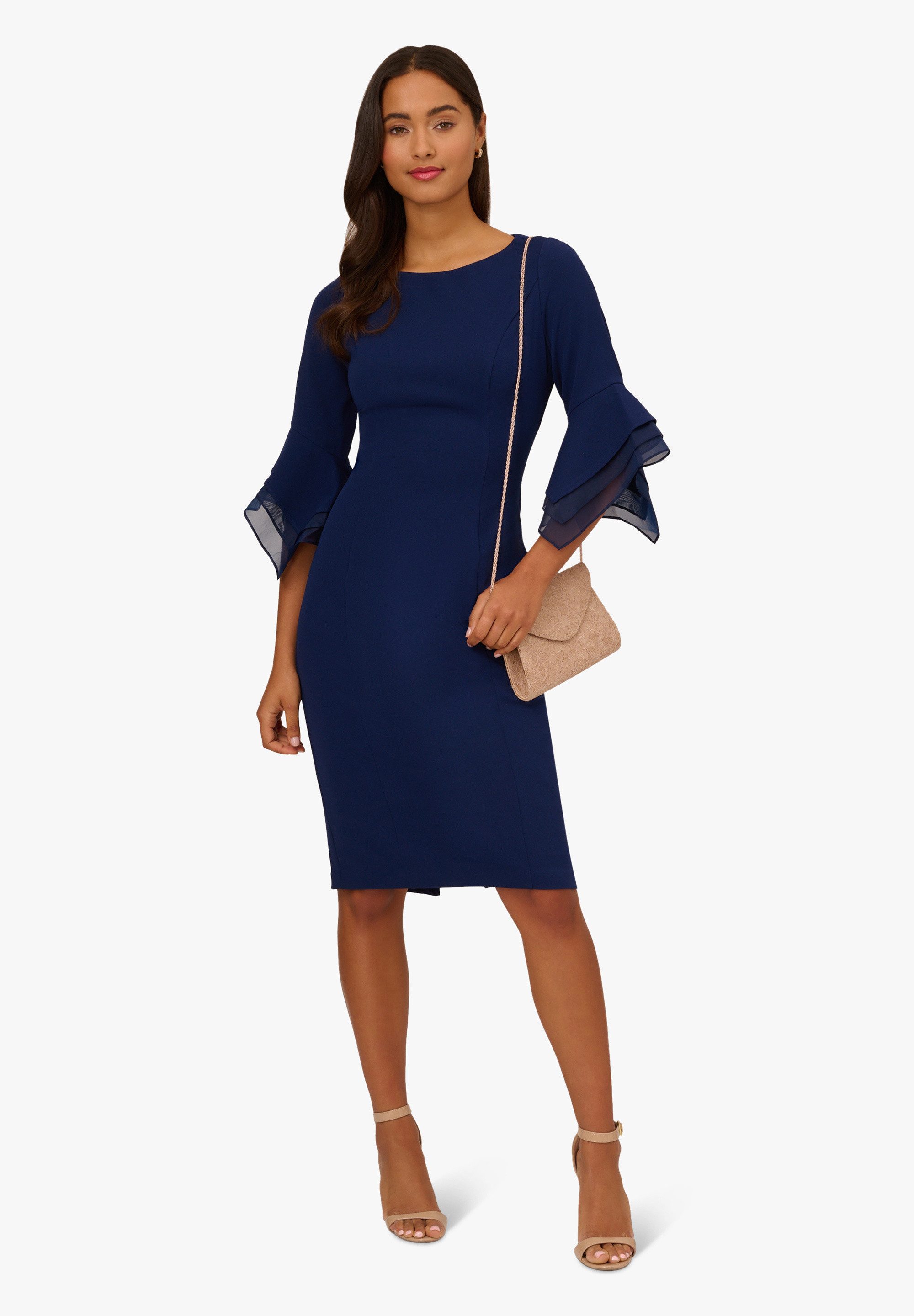 Adrianna Papell Abendkleid Knit Crepe Tiered Sleeve Dress Zeitlos, 3/4 Ärmel, schöne Shilouette