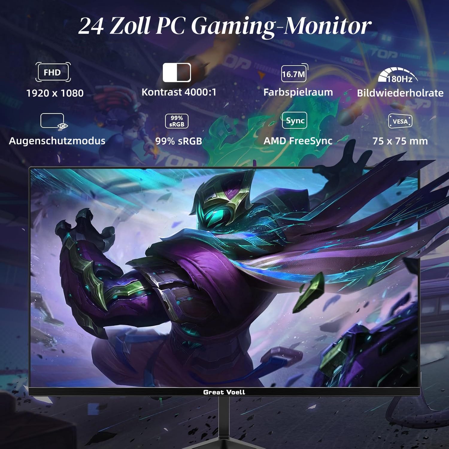 Great Voell 24 Zoll FHD-1080p-Monitor, 180Hz, VESA, Rahmenloser Gaming-Monitor (61 cm/24 ", 1920 x 1080 px, FHD, 1 ms Reaktionszeit, 180 Hz, VA LED, HDMI & DisplayPort, AMD FreeSync & G-Sync, FPS/RTS Mode, 180Hz)