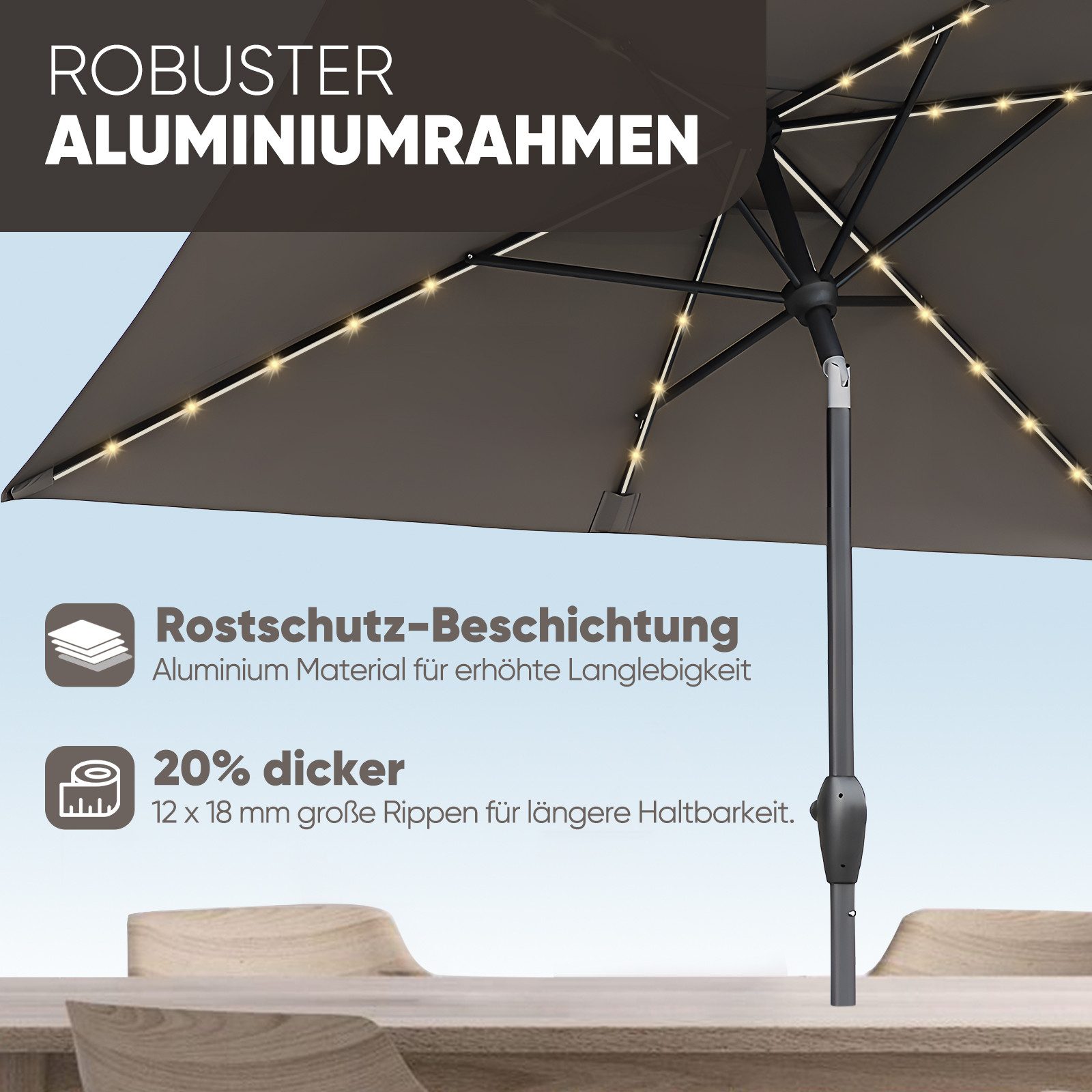 Sekey Sonnenschirm 210 x 140 cm Aluminum Sonnenschirm Rechteckig Marktschirm mit Kurbel, LxB: 210,00x140,00 cm, mit/ohne LED-Lichtern, Sonnenschutz UV50+, Garte – Bild 3 von 5