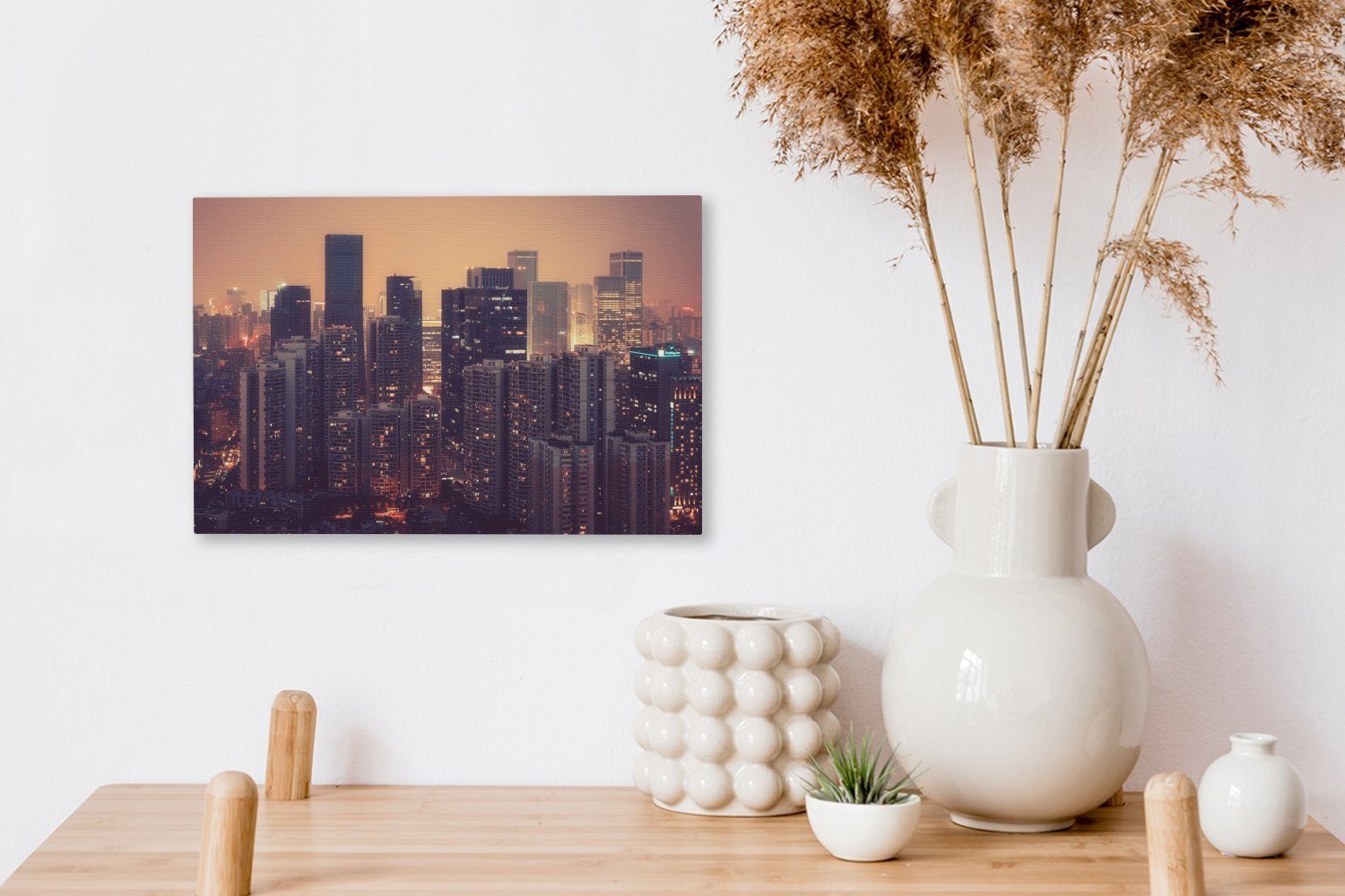 OneMillionCanvasses® (1 Wanddeko, Nacht, Leinwandbild in Leinwandbilder, China Aufhängefertig, Skyline Chengdu cm bei Stadt 30x20 der Wandbild St),