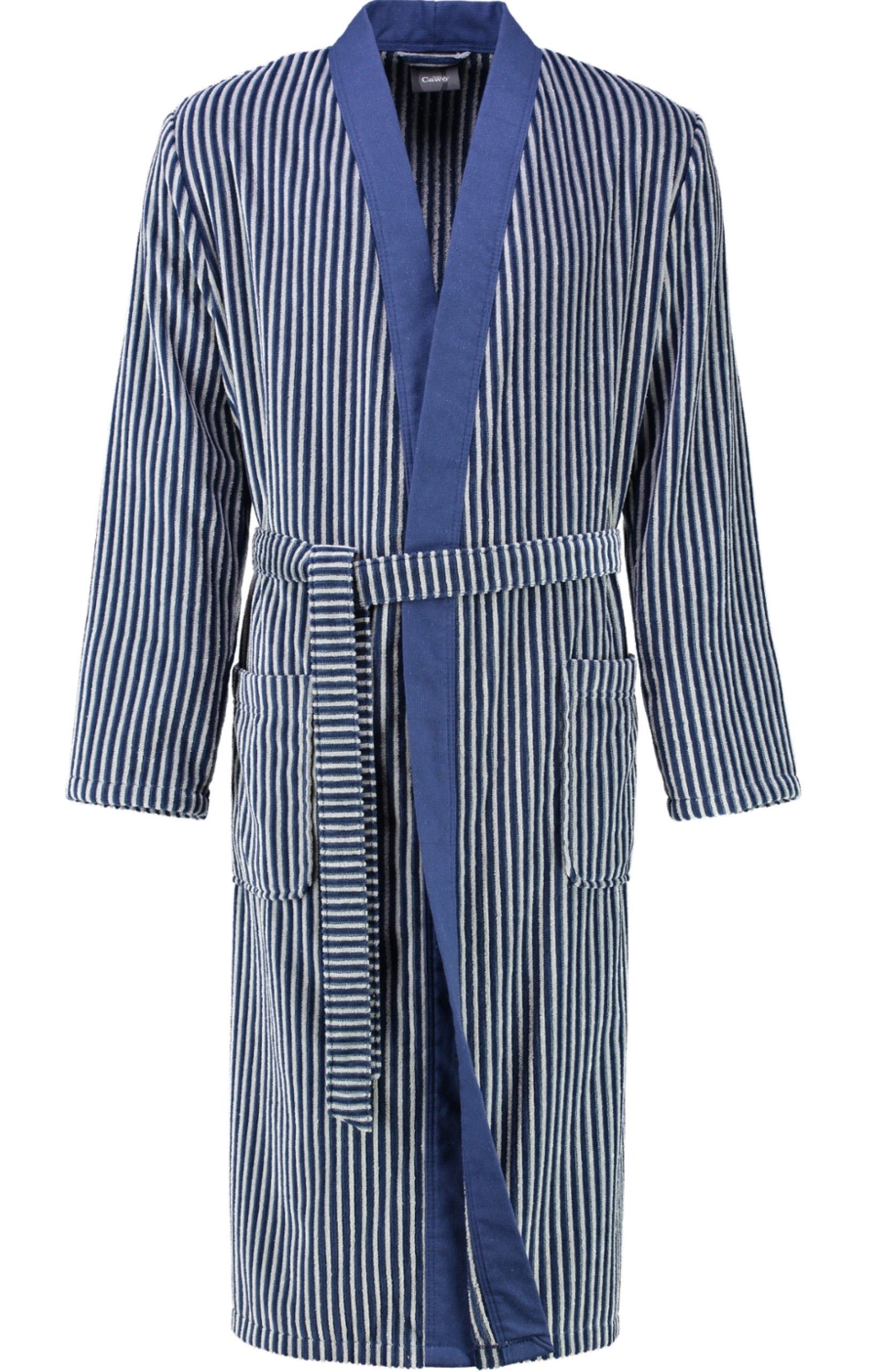 Gürtel, gestreift, Bademantel Herren Form Walkvelours-Qualität Kimono Blau Cawö in Cord-Optik, Extraleichte Kimono-Kragen, Langform, Herrenbademantel