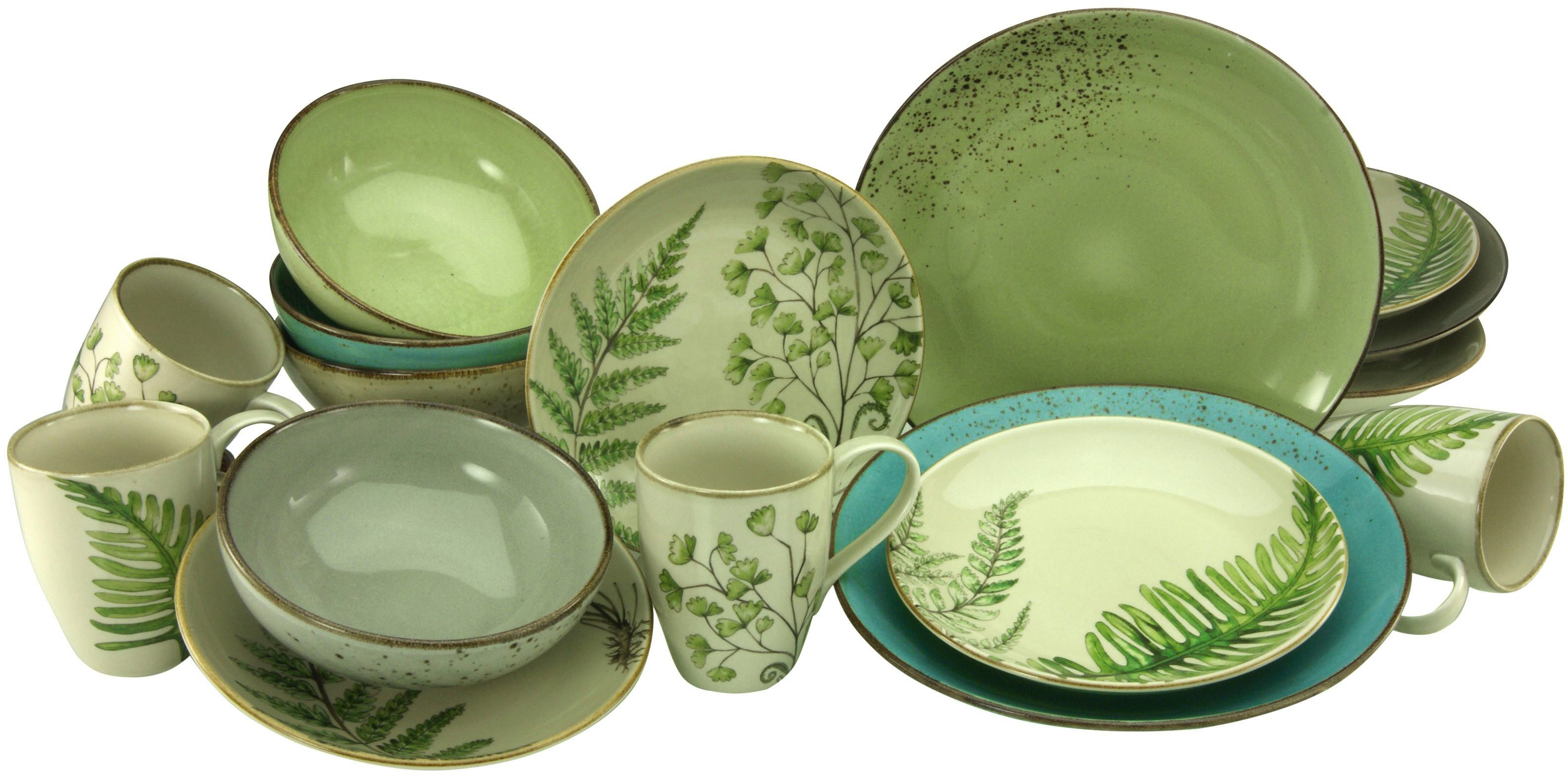 CreaTable Комбинированное обслуживание Geschirr-Set Botanica (16-tlg), 4 Personen, Steinzeug, Service, unifarbenes Dekor mit Blattmotive, 16 Teile, für 4 Personen
