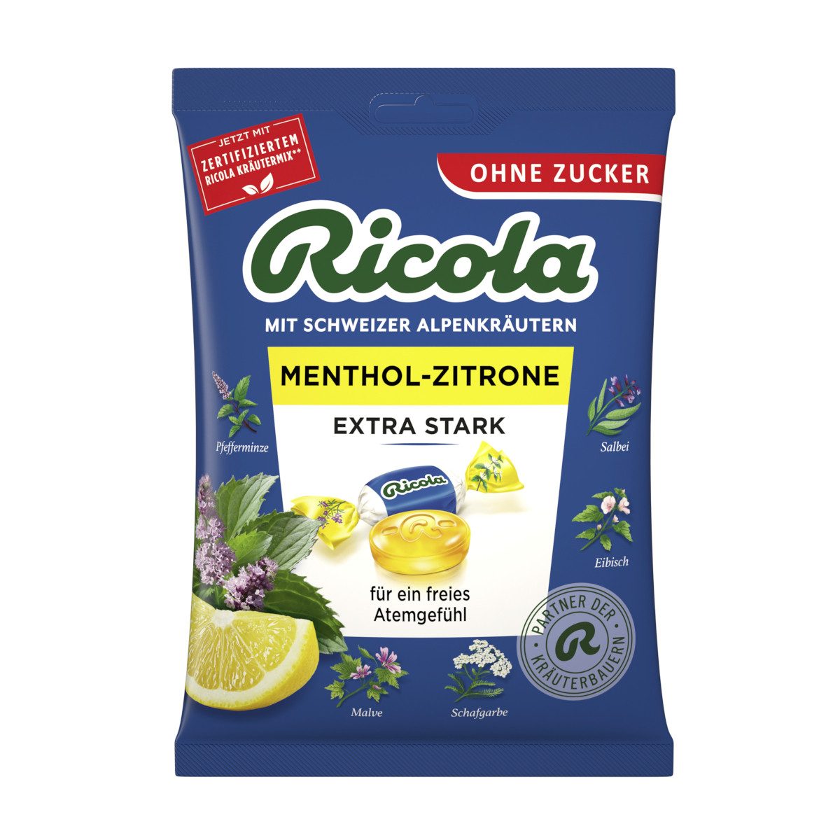 RICOLA Süßigkeit, Ricola Original Kräuter Menthol Zitrone ohne Zucker sehr stark 75g