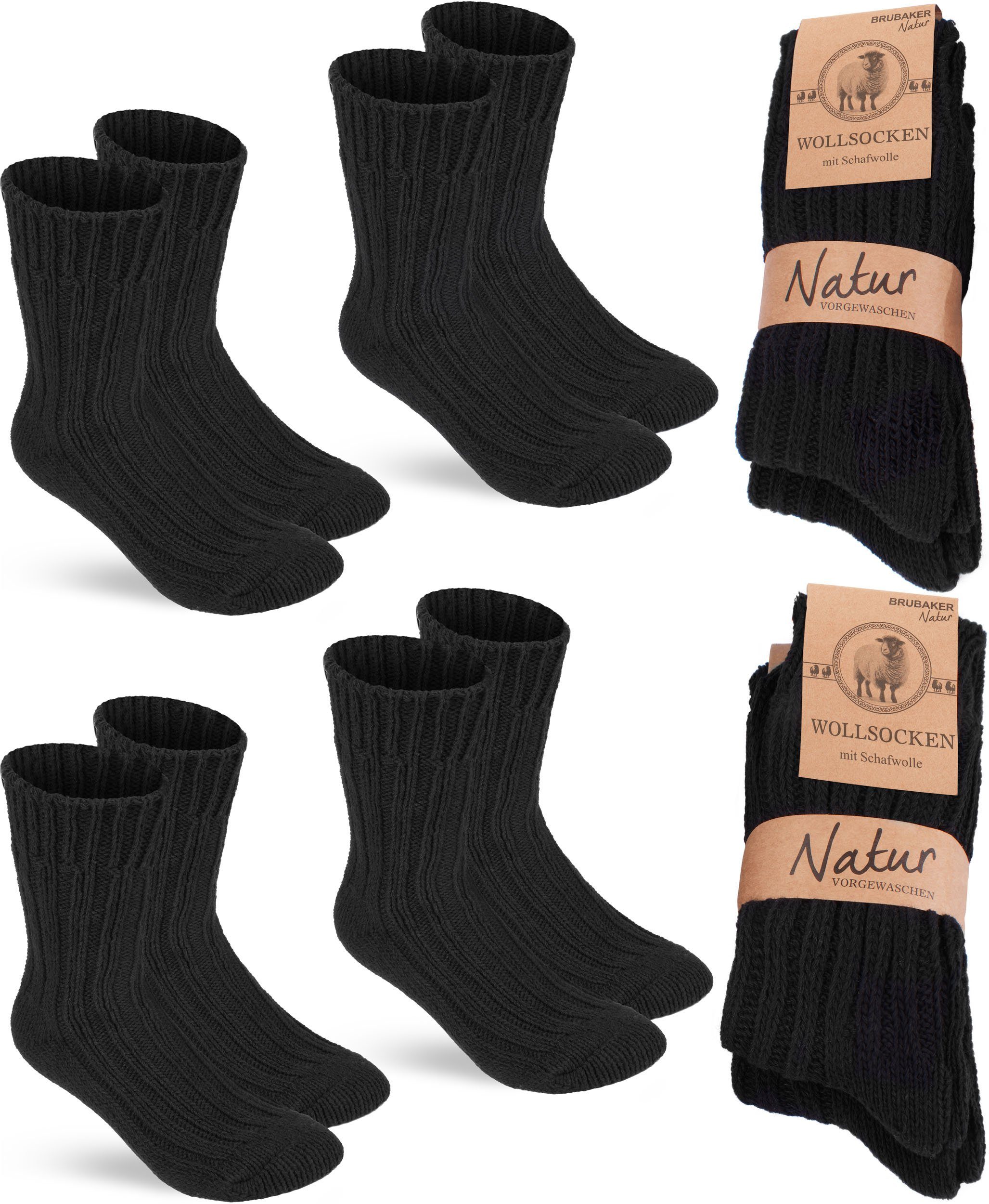 BRUBAKER Socken Wollsocken Set - Warme Wintersocken für Damen und Herren (4-Paar, Winter Stricksocken) Flauschiges Thermosocken Set mit Schafwolle Schwarz