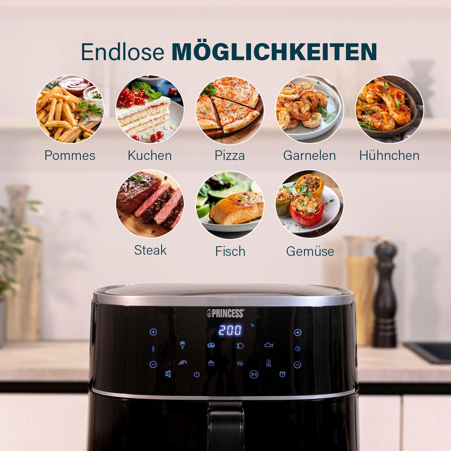 PRINCESS Heißluftfritteuse 182244, 1500 W, Füllmenge des Behälters variierbar – 6 L