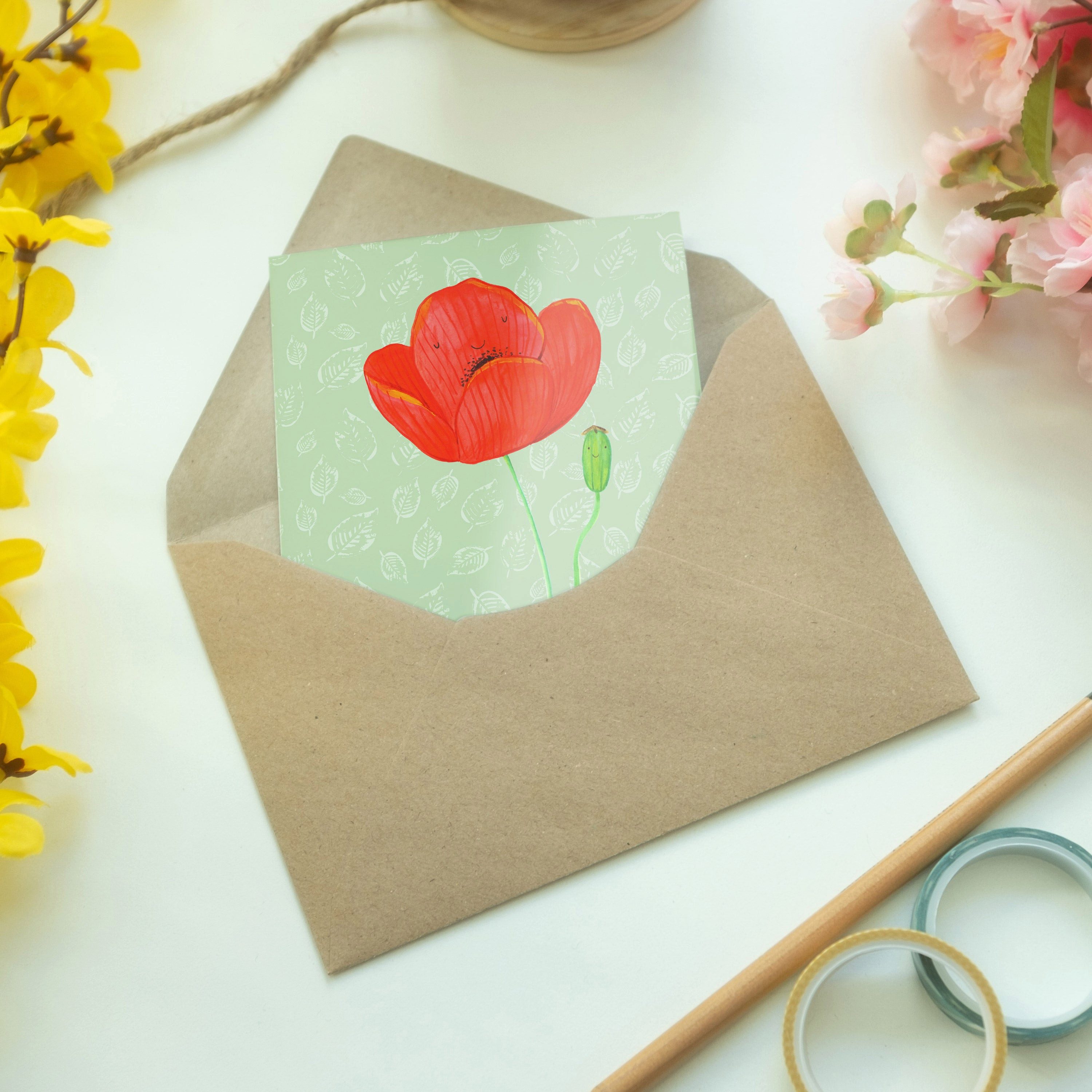 Thumbnail - Mr. & Mrs. Panda Grußkarte Blume Mohnblume - Blattgrün - Geschenk, Grußkarte, Hochzeitskarte, Ga, Herzberührende Sprüche