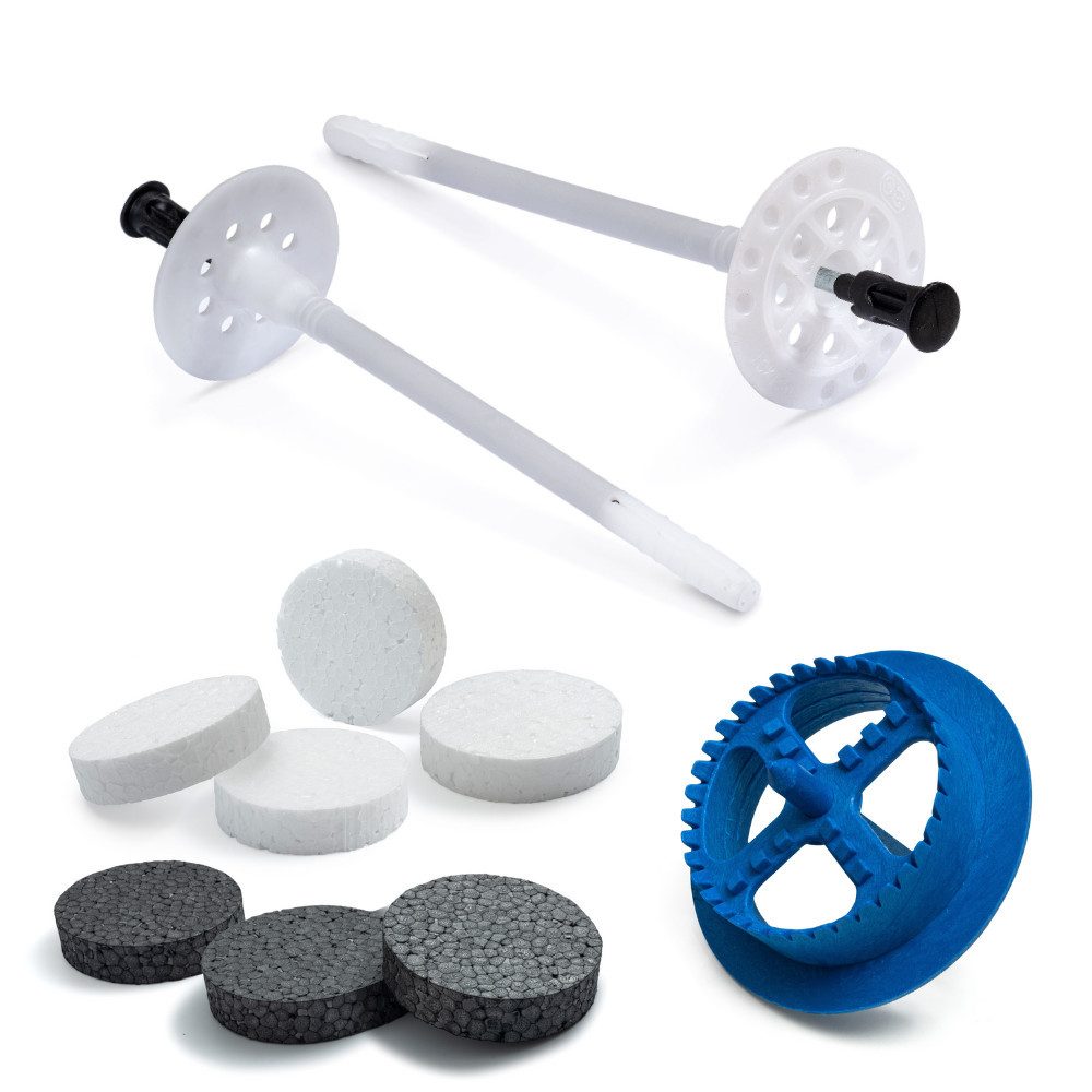 Schrauben- und Dübel-Set Dämmstoffdübel mit Metalldorn + Weiß/Grau Styropor Rondelle + Fräser