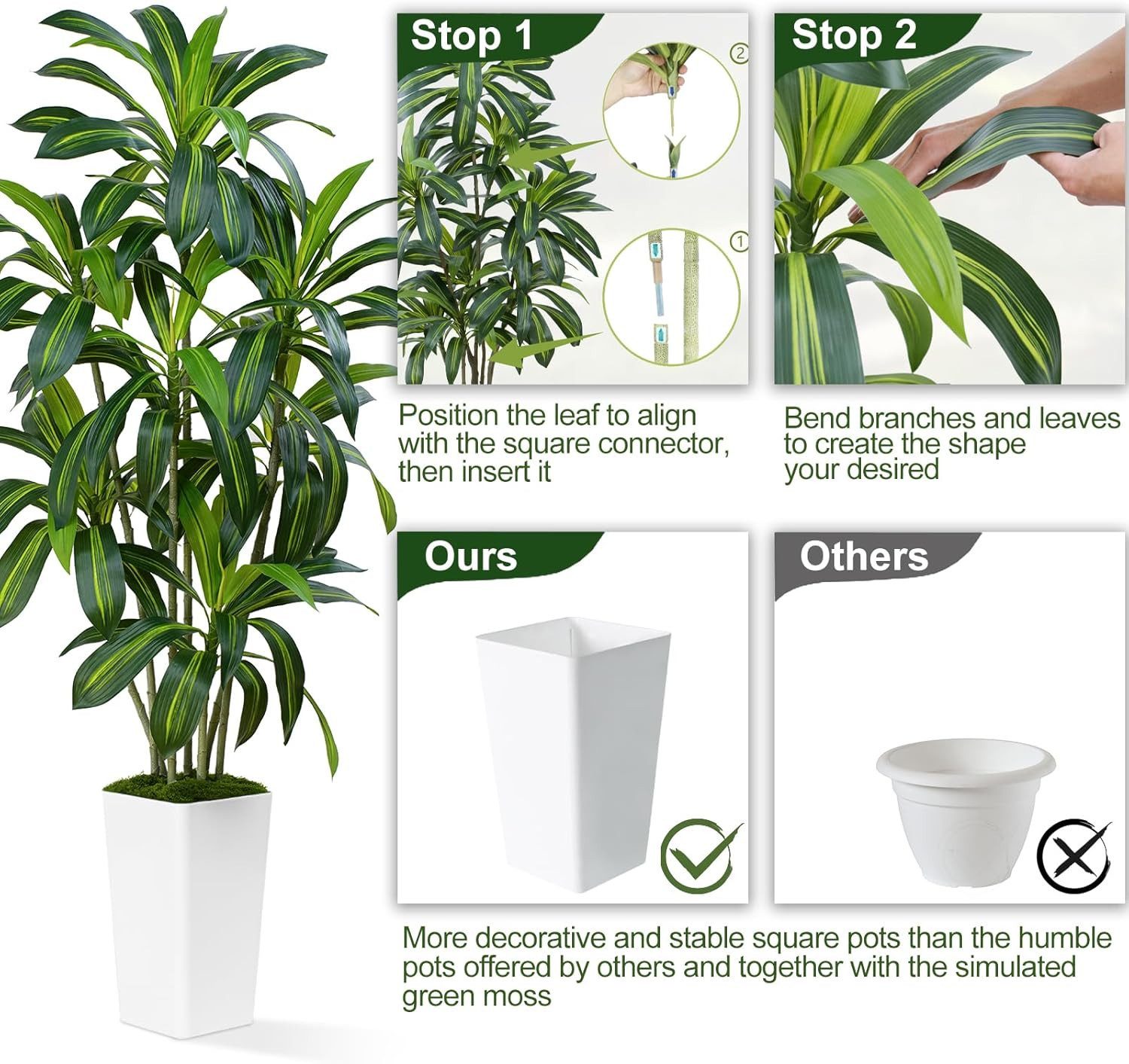 Kunstpflanze 120cm Künstliche Pflanzen Dracaena Kunstpflanze Groß mit Topf, Athlix, Naturgetreue Blattstruktur, Formbare Zweige und Blätter – Bild 4 von 4