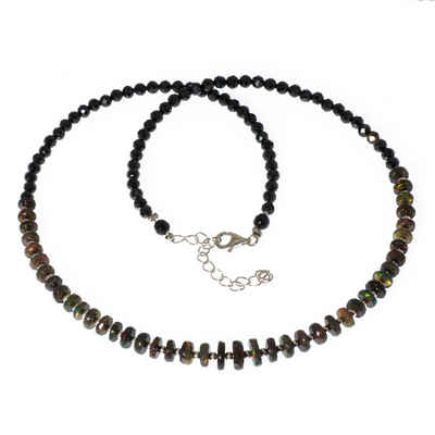 Bella Carina Perlenkette Schwarz Opal Kette mit Spinell und Silber Perlen, echter Opal aus Äthiopien