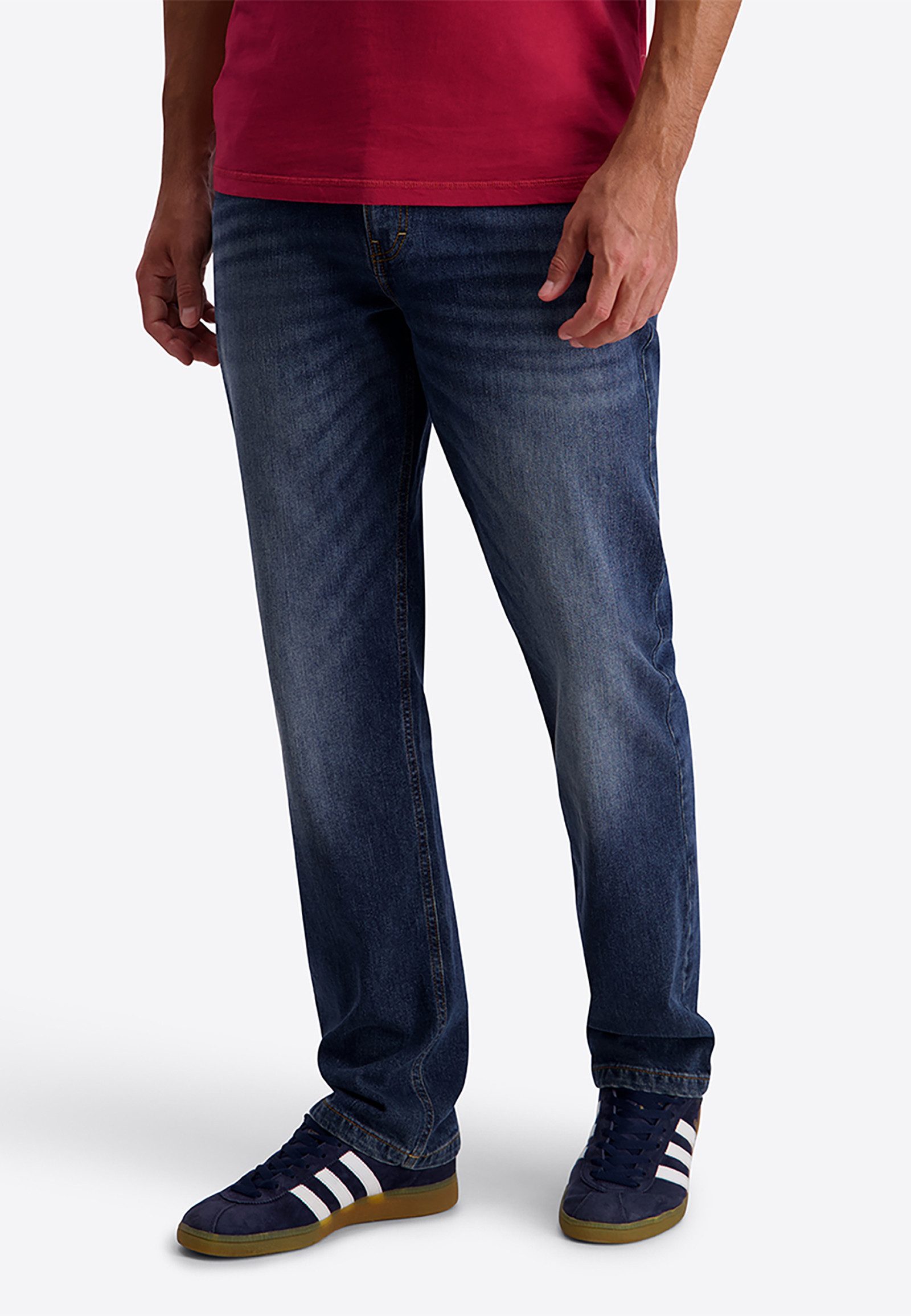 TIMEZONE Regular-fit-Jeans Used-Look Gerader Schnitt 5-Pocket für Herren (1-tlg) Münztasche, Gürtelschlaufen, Metallknopf, Kontrastnähte