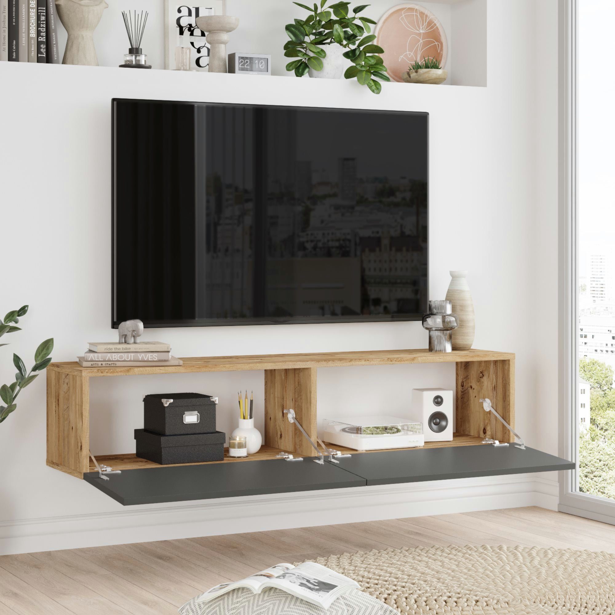 en.casa TV-Schrank »Lapinlahti« 140x31,5x29,5cm Eiche rustikal/Anthrazit – Bild 3 von 5