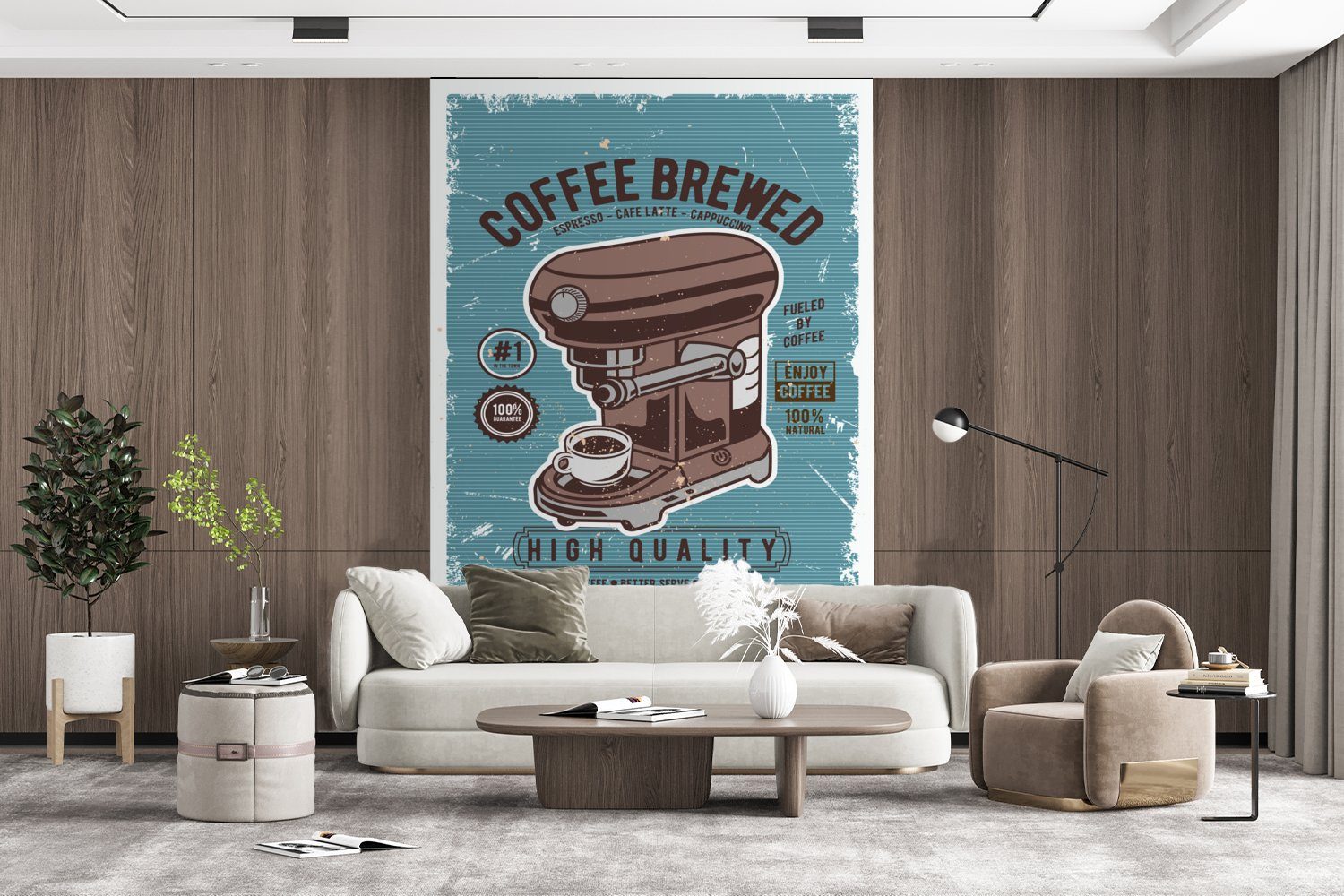 Wohnzimmer, Tapete Wandtapete - bedruckt, Kaffee Matt, für - (3 Kaffeemaschine Vinyl Zeichnung, Retro - MuchoWow St), Montagefertig Fototapete