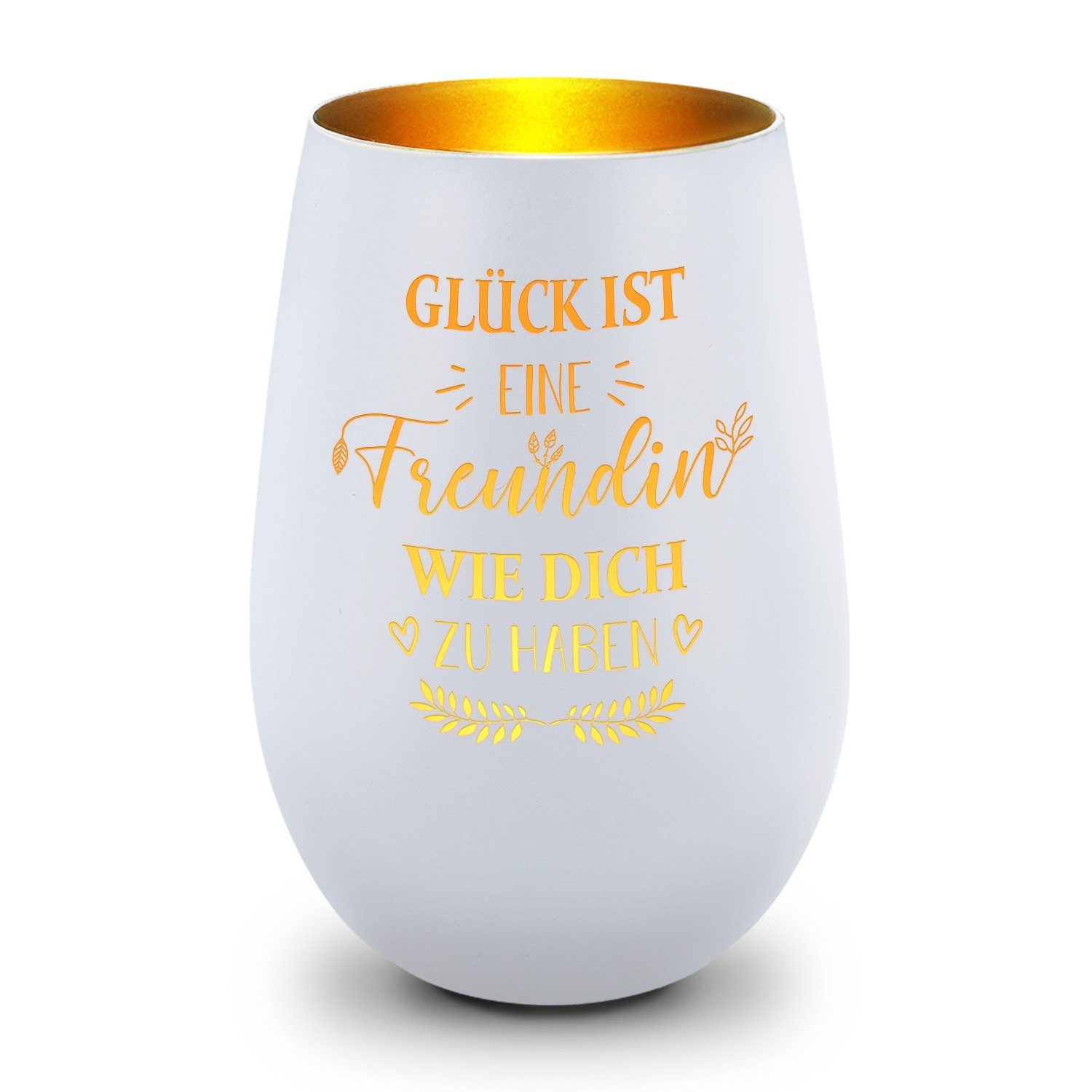 GRAVURZEILE Windlicht aus Glas mit Gravur - Glück ist eine Freundin wie Dich zu haben - Deko (Weiß/Gold), Geschenke für Frauen und Männer zum Geburtstag und weitere Anlässe