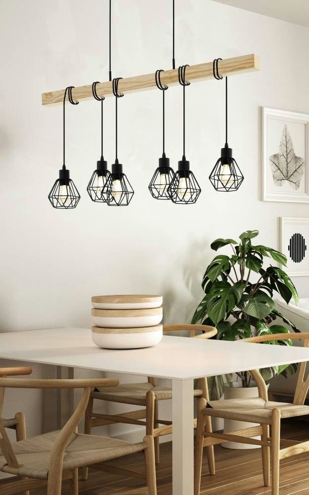 EGLO Hängeleuchte TOWNSHEND 5 Hängelampe, Stahl und Holz, E27, IP20, Pendellampe, Lampe, ohne Leuchtmittel, Pendelleuchte, L100 x B20 x H110 cm, schwarz, braun, 6X60W exkl.