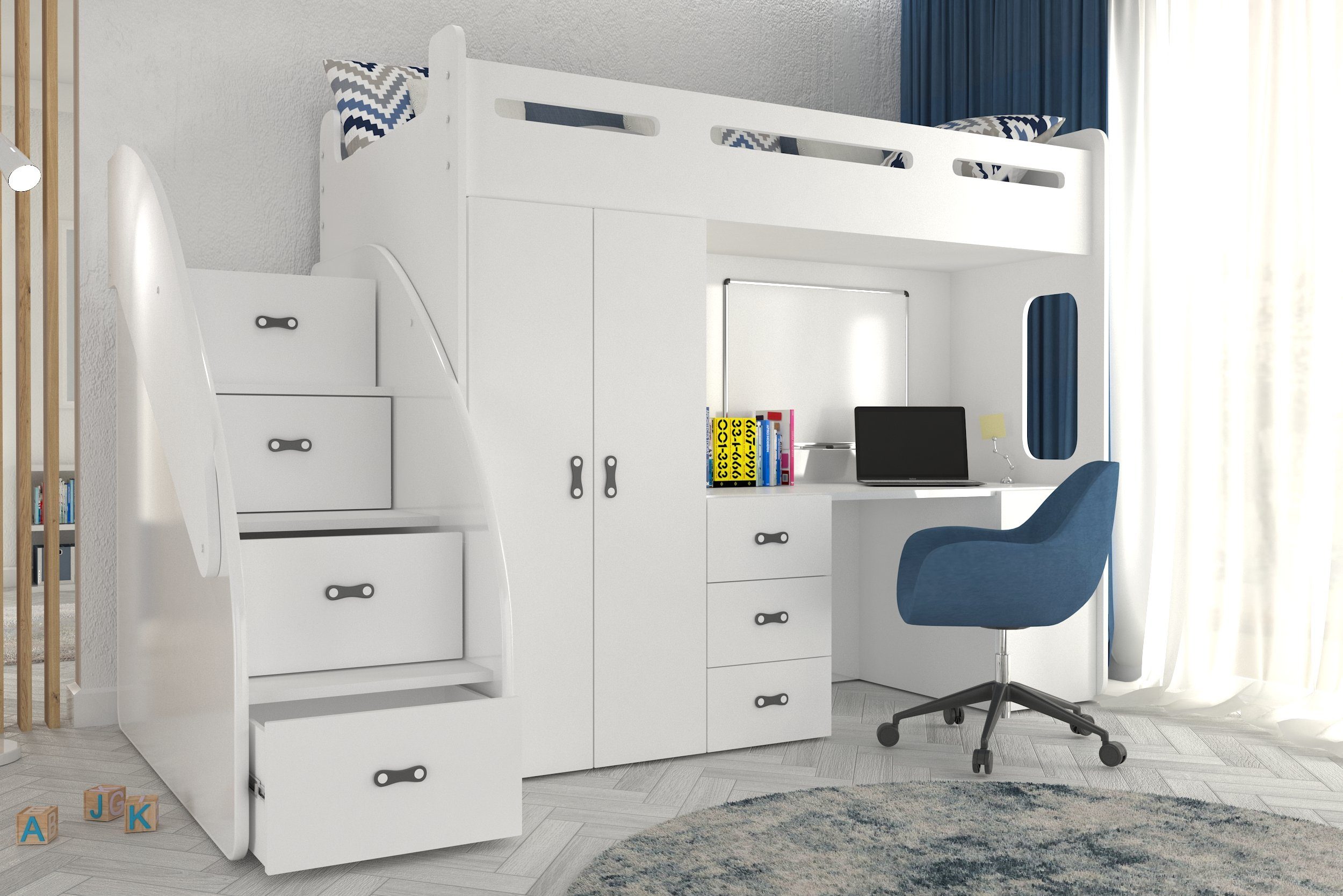 Unique Home Hochbett Hochbett ZU PL mit Matratze, Schreibtisch, Kleiderschrank Farbe wählbar Weiß