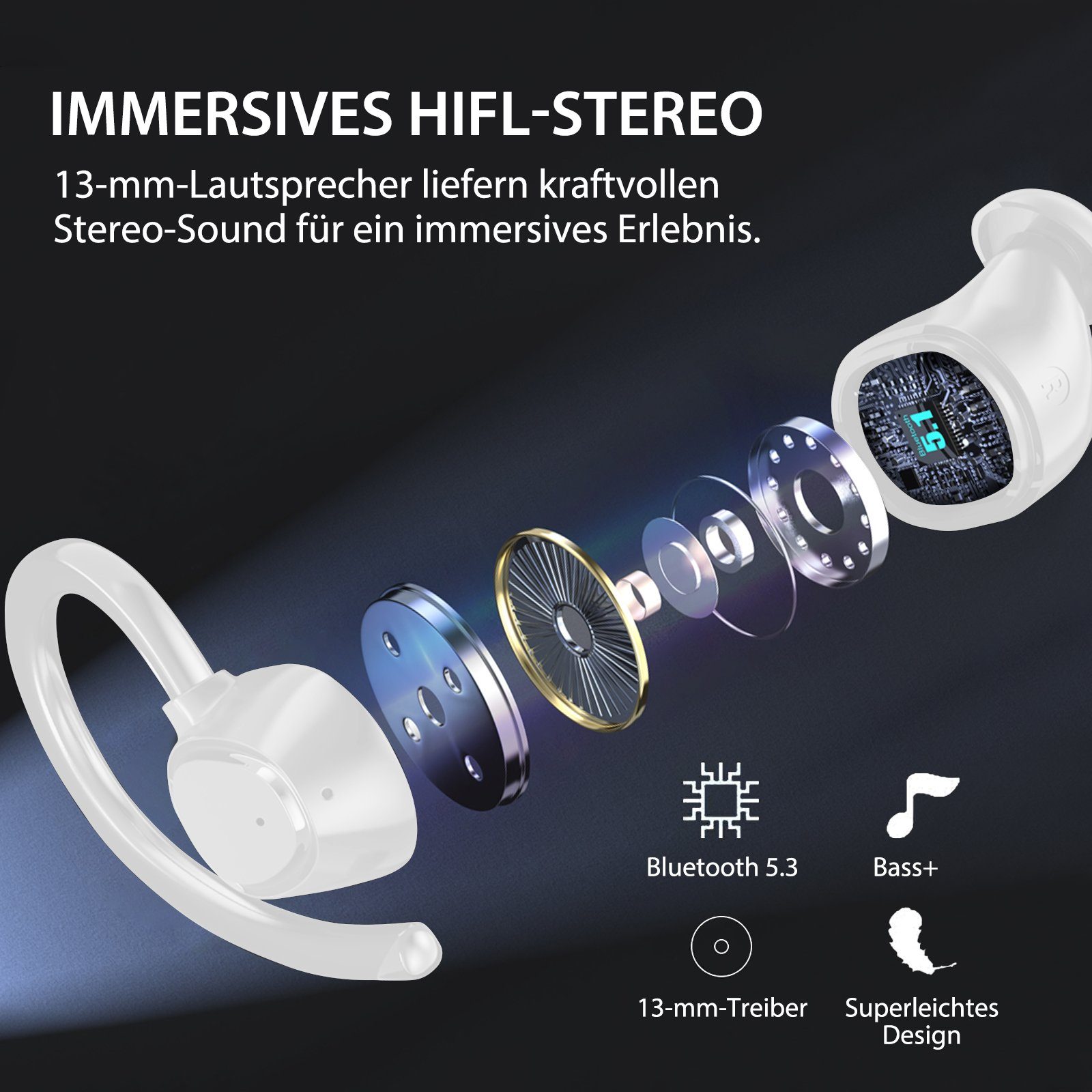 mit Weiss 5.3 In-Ear-Kopfhörer LED-Ladebox, mit Ohrbügeln CVC8.0) Kopfhorer ENC Bluetooth Sportkopfhörer, Kabellos HIFI-Stereo, (Immersives Rauschunterdruckung, Anruf, HD Yuede Earbuds Bluetooth