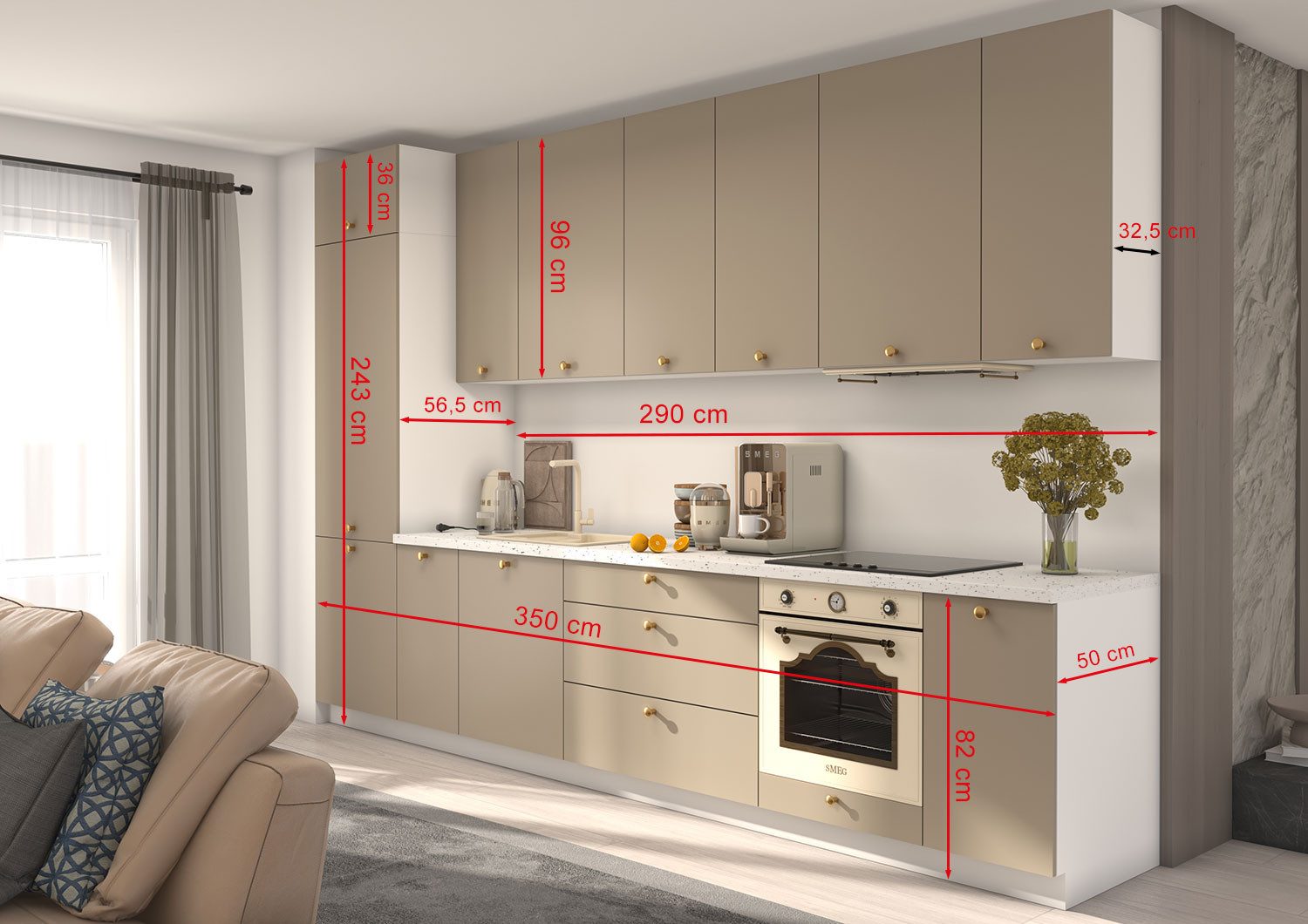 Feldmann-Wohnen Küchenzeile Bonn, (Schubladen mit Teilauszug und Selbsteinzug (Blum Metabox), 350x59x243cm weiß / stone grey matt, 12-teilig, Fronten matt