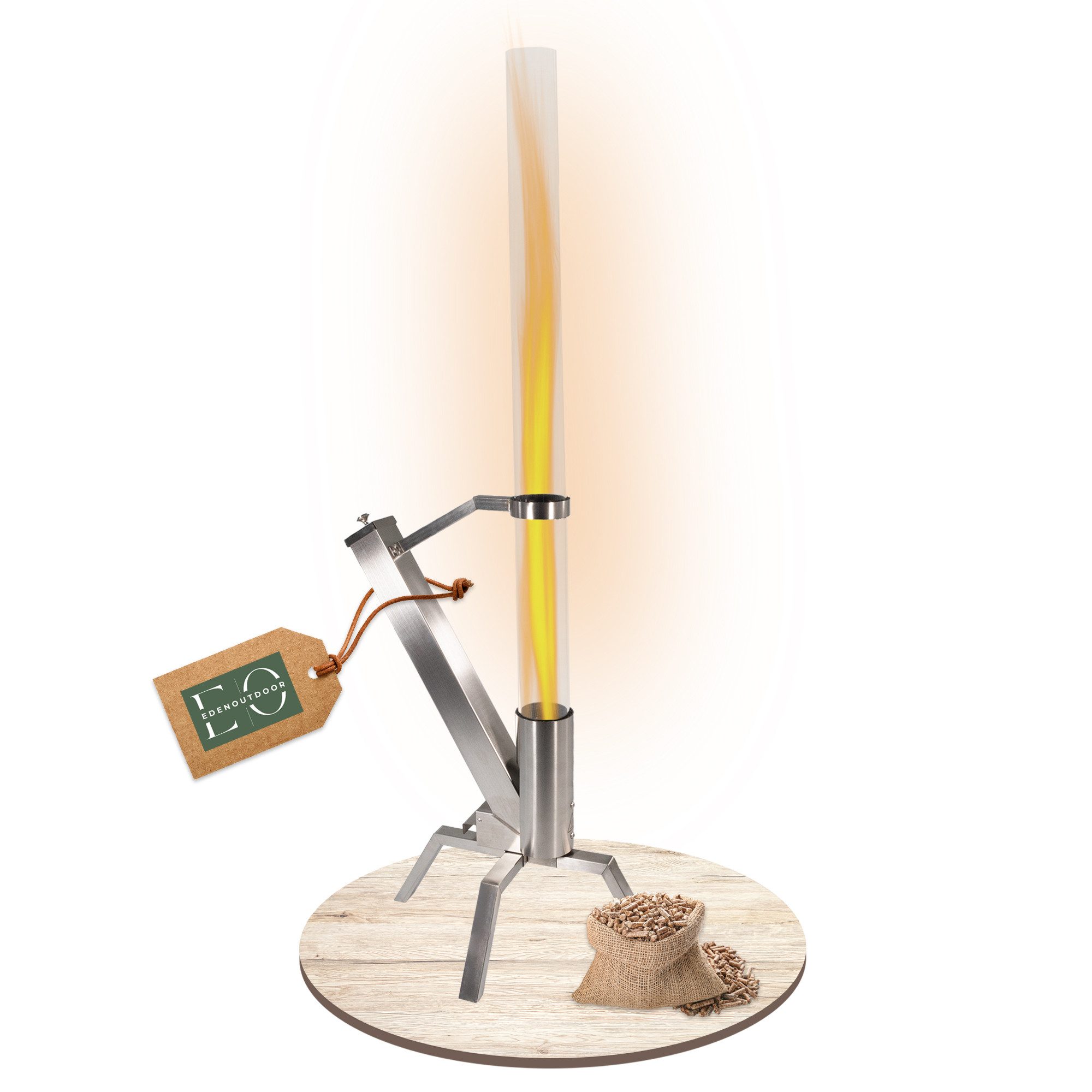 Edenoutdoor Gartenfackel Pelletfackel Edelstahl, Feuerrohr mit Glasröhre 90 Min. Brenndauer, hochwertiges, wetterbeständiges Design