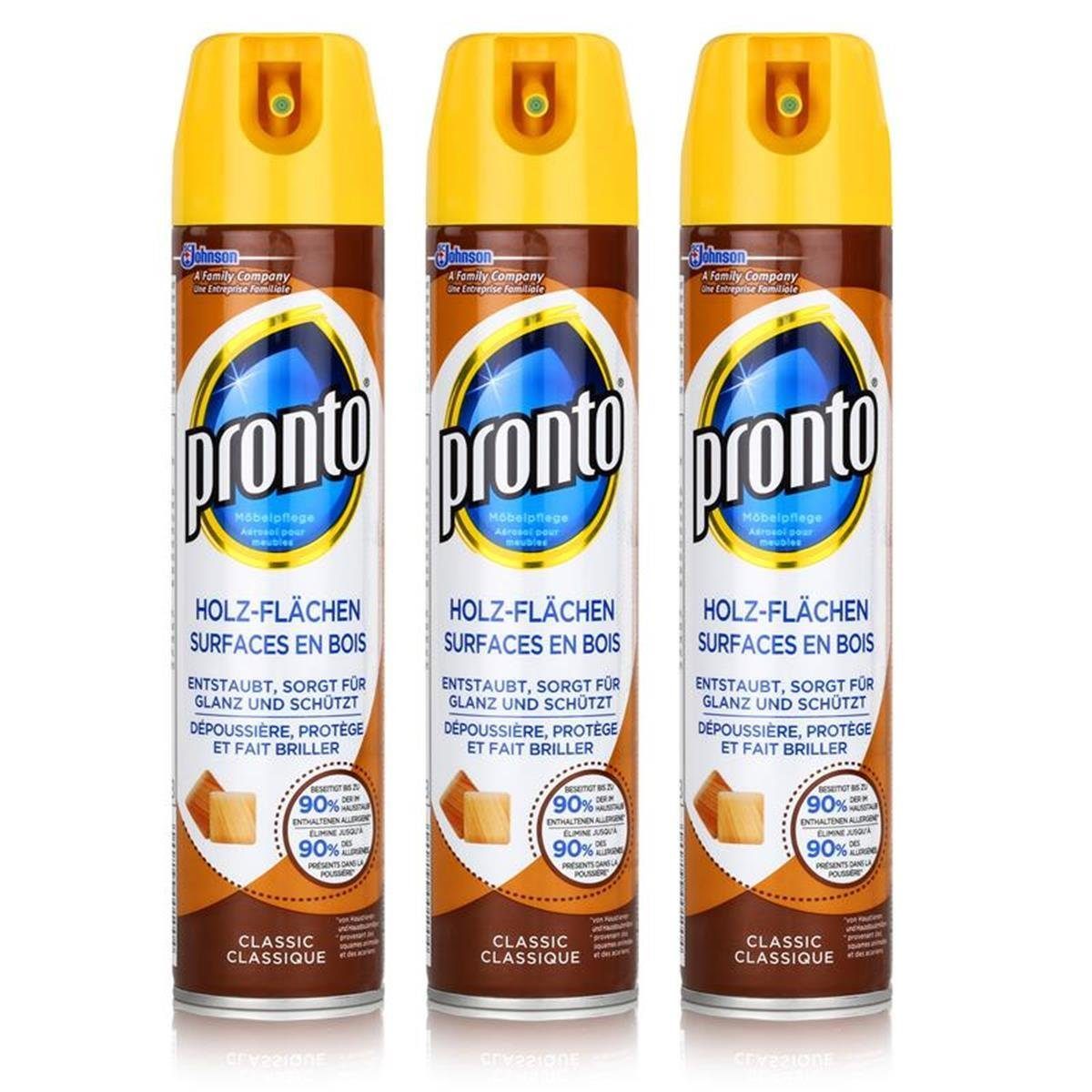 Pronto Holz-Flächen Classic 250ml - Entstaubt, Glanz und Schützt (3er Spezialwaschmittel
