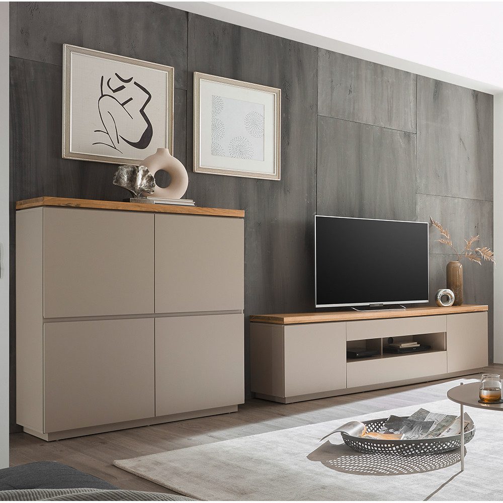 Lomadox Wohnzimmer-Set PALMAS-05, (Mega-Spar-Set, 2-St., Lowboard Highboard), grau Deckplatte Akazie massiv Softclose Türen griffloses Design