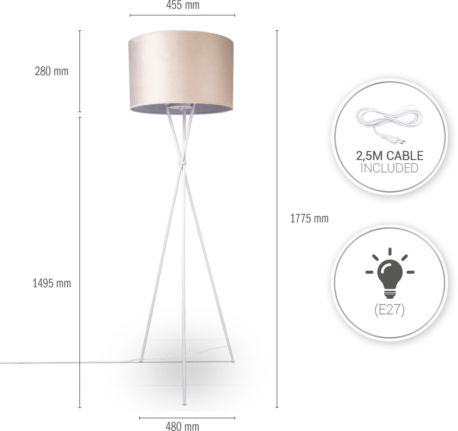 Paco Home Stehlampe Kate uni Wohnzimmer Standleuchte Color, 177,5cm Velour E27 Dreibein beige ohne Leuchtmittel, Filigran Höhe