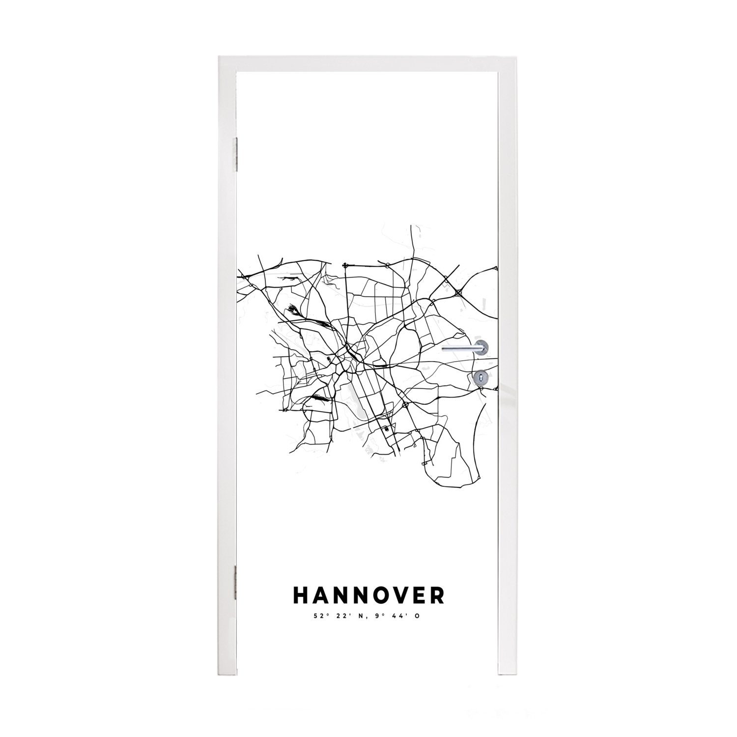 Stadtplan Schwarz Fototapete - (1 und - Deutschland Hannover cm - Karte Matt, St), Türaufkleber, 75x205 für Türtapete - Tür, MuchoWow bedruckt, weiß,