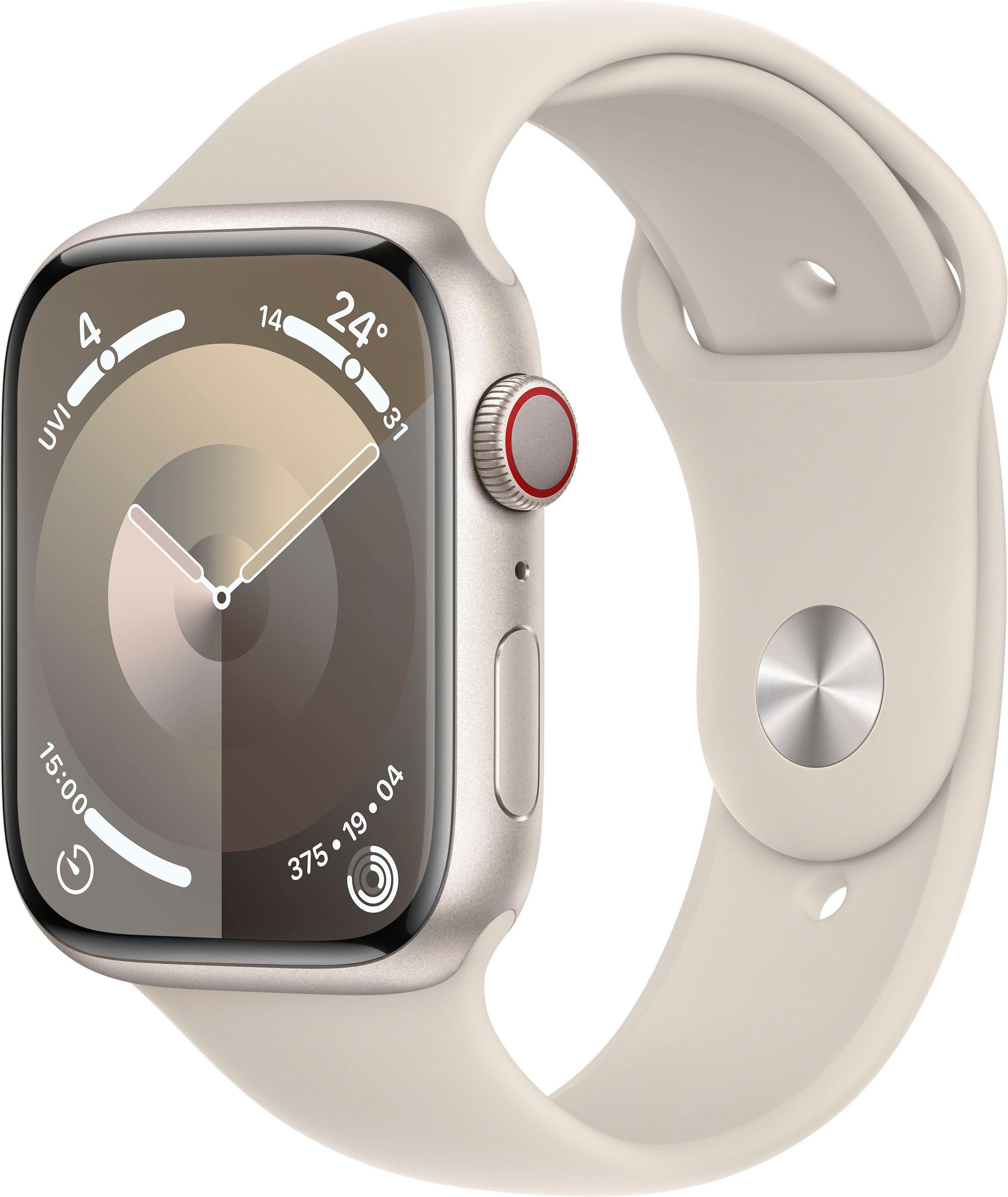 Apple Watch Series 9 GPS + Cellular 45mm Aluminium Smartwatch (4,5 cm/1,77 Zoll, Watch OS 10), Sport Band Polarstern | Polarstern