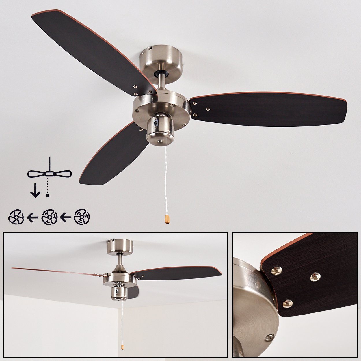 hofstein Deckenventilator »Priore« Deckenventilator, Metall/Holz, Nickel-matt/Silber und Braun, mit 2 Zugschnuren u. wendbaren Rotorblättern, in 3 Stufen schaltbar