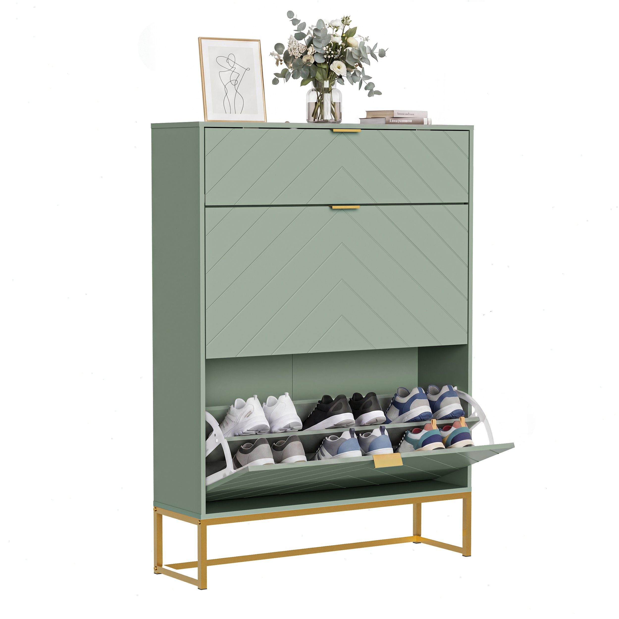 UEV Schuhschrank mit 3 Klappen schmal Schuhablage (Modern Schuhkommode im Flur Diele,80x24x122cm) Platzsparend, mit Kippschutz/Trennwand verstellbar