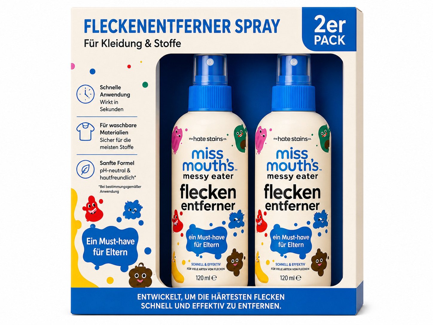 Miss Mouths Miss Mouth's Messy Eater Fleckenbehandlungsspray, Fleckentferner (2-St. 1er-2er-3er Set keine chemische Reinigung, Lebensmittel, Fett, Kaffee, Wäsche)
