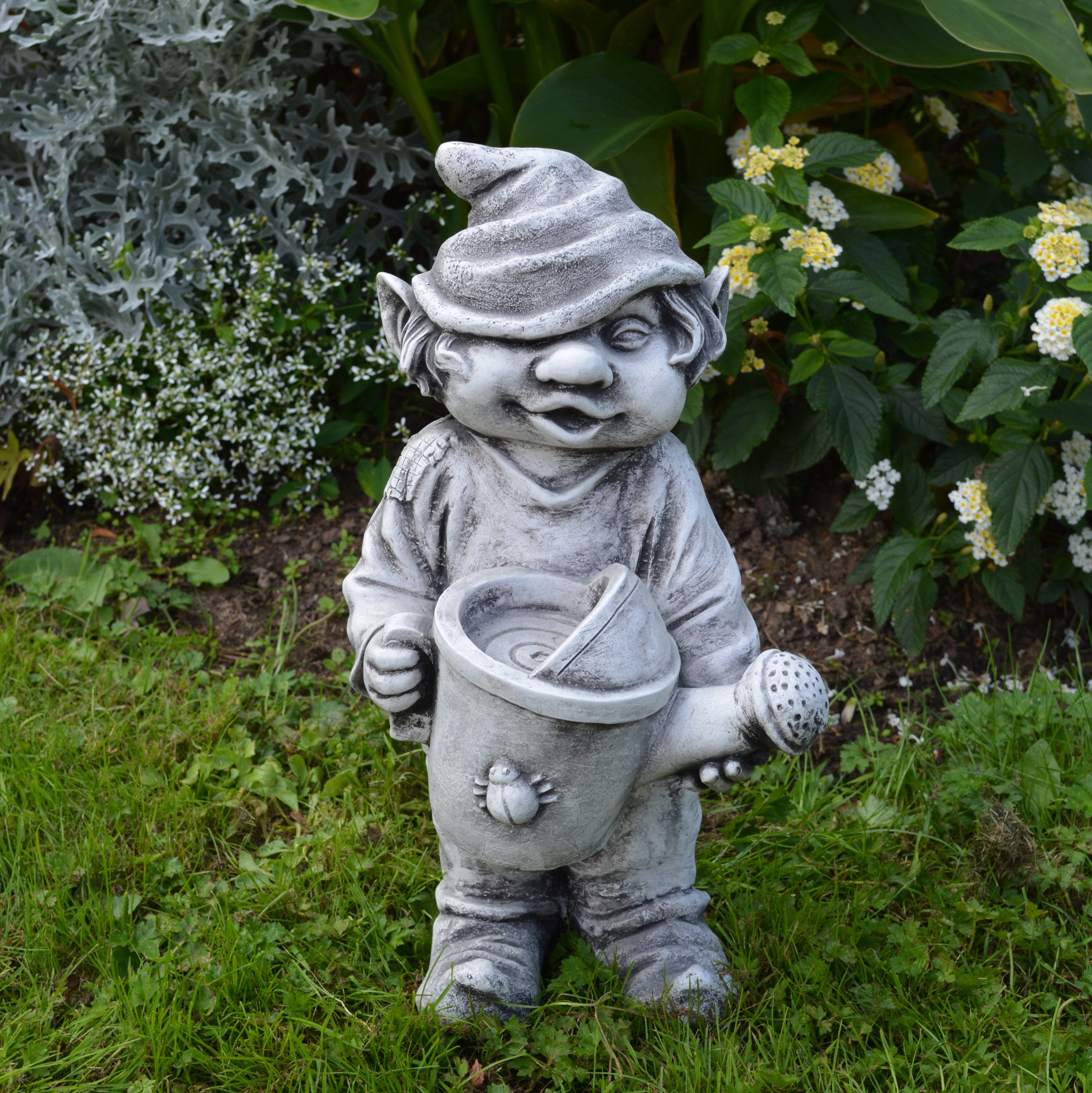 gartendekoparadies.de Gartenfigur Gnom Blumenfreund, Steinfigur, H. 40 cm, 10 kg, Frostsicher
