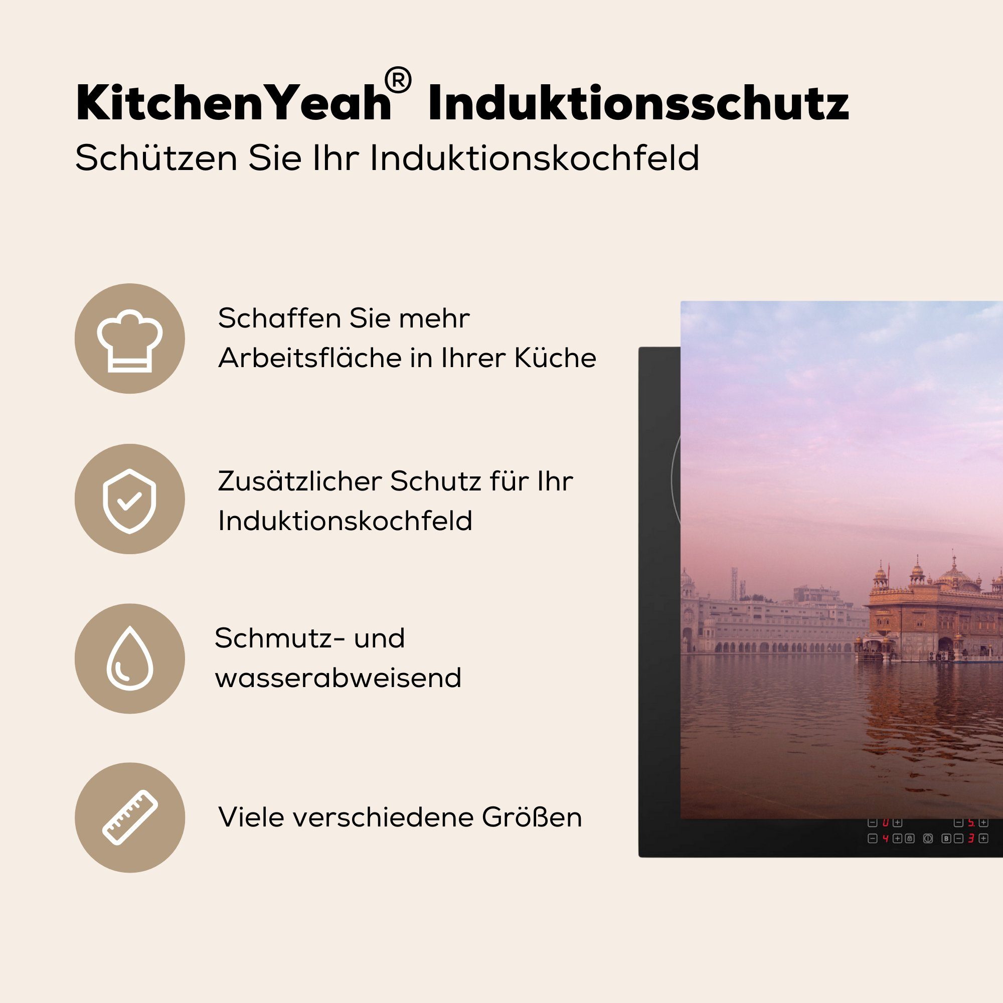 tlg), am küche MuchoWow Herdblende-/Abdeckplatte Arbeitsplatte Amritsar, cm, 78x78 Goldenen in Vinyl, Ceranfeldabdeckung, (1 für Tempel Sonnenaufgang