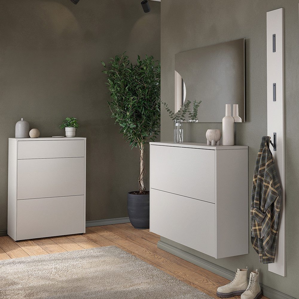 Lomadox Garderoben-Set BAIANO-01, (Spar-Set, 4-St., Garderobenpaneel Garderobenspiegel Schuhschränke), in beige und Eiche, grifflos, Push-to-Open