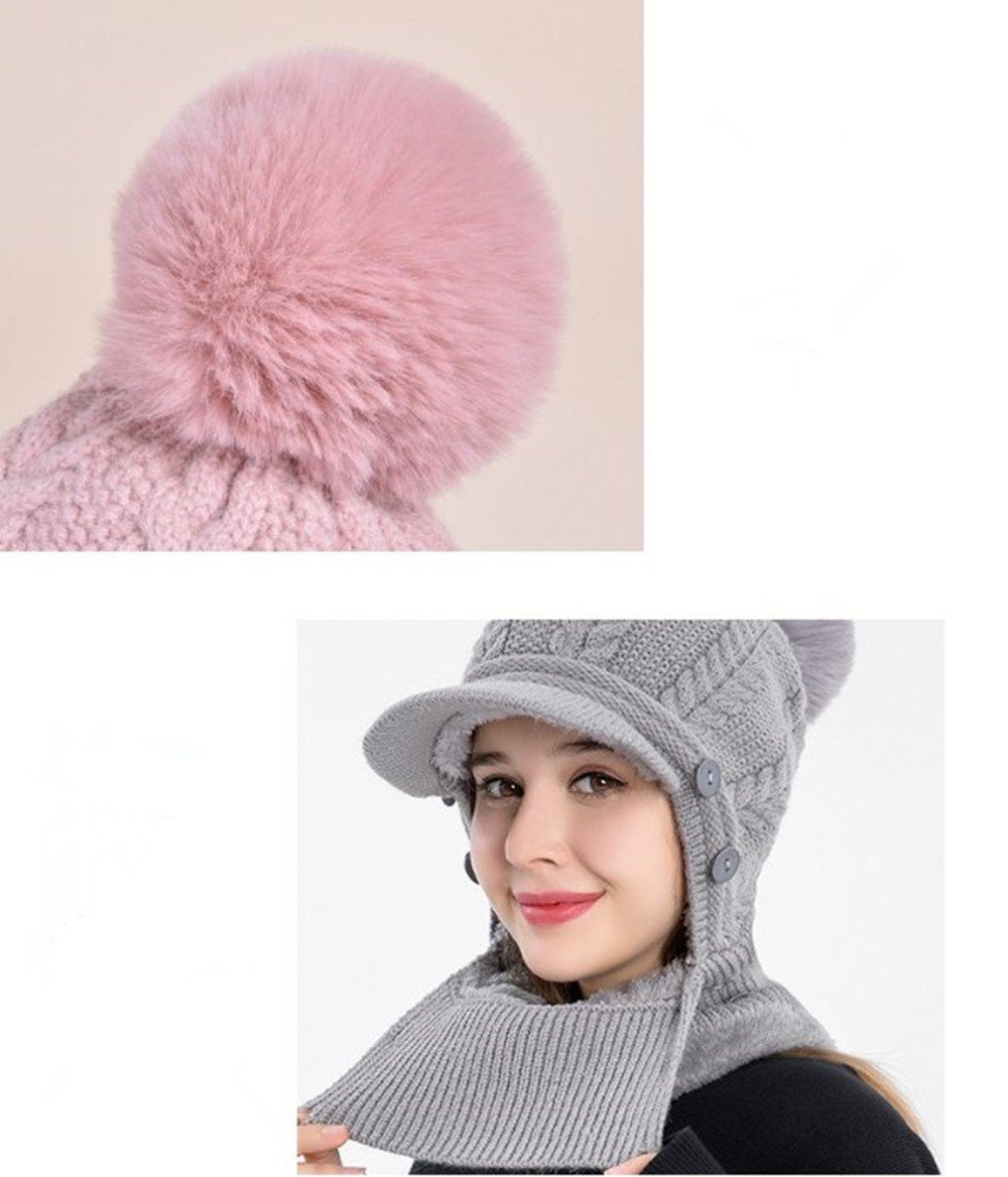 Wintermütze 3 Fleece Damen für In mit Schirm Verstellbarer Gesichtsschutz Strickmütze Strickmützen Gefüttert XDeer pink Damen 1