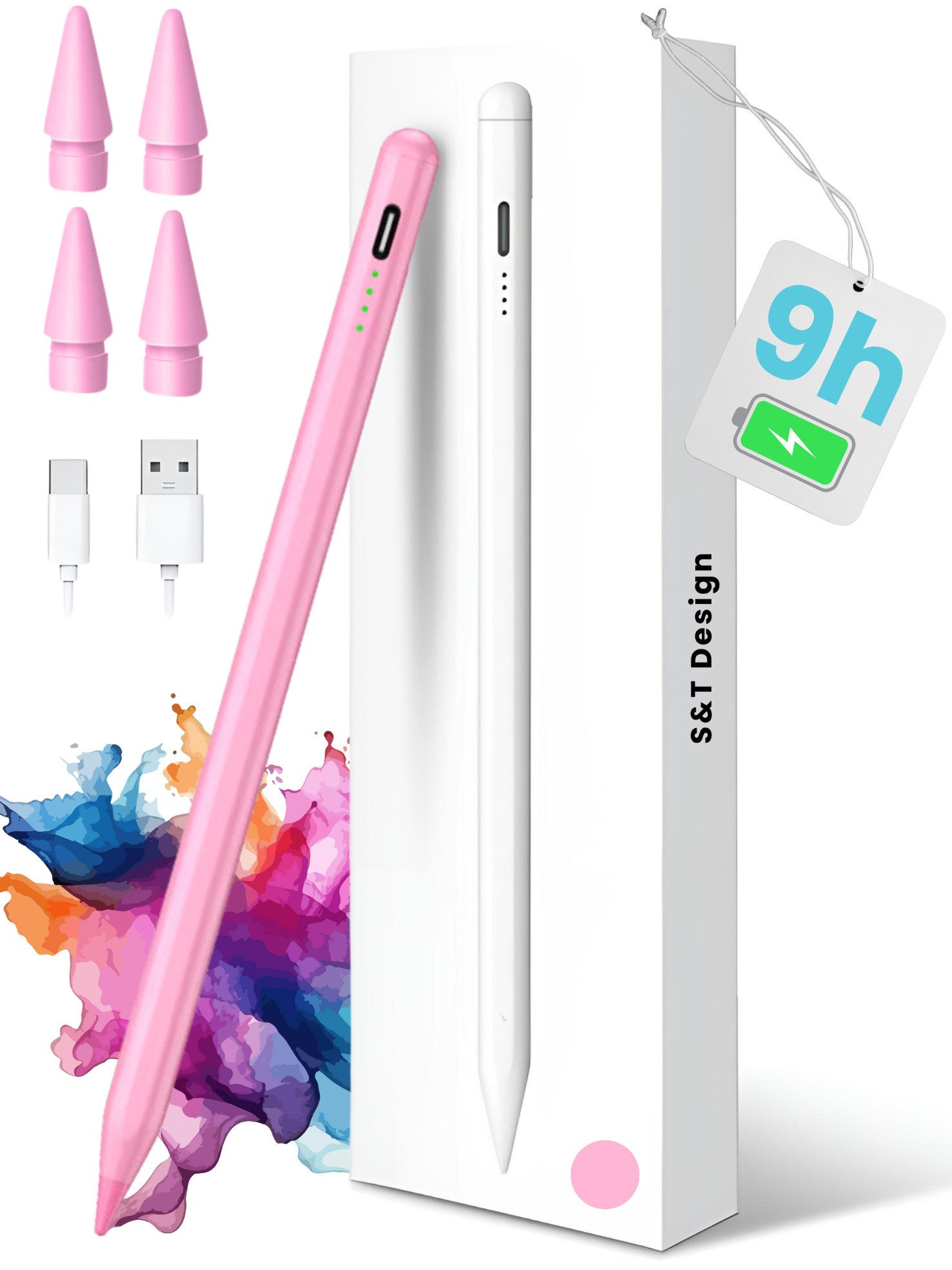 S&T Design Eingabestift Stift für iPad USB-C (2018-2024) Schnellladen für Apple iPads (2018-2024), mit 4x iPad Stift Spitzen) Tabletstift Stylus Pencil 2. Generation Pen USB-C