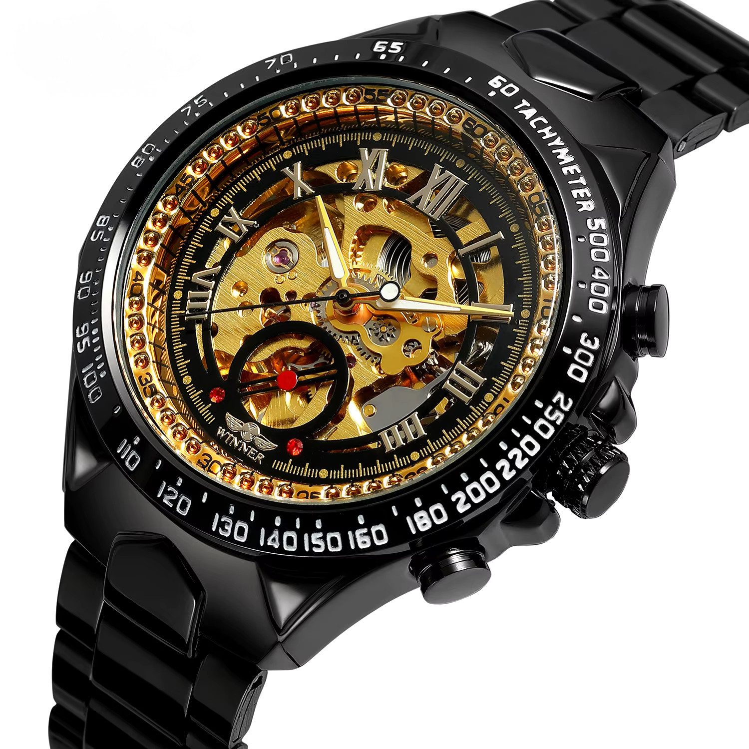 Rötting Design Automatikuhr Herrenuhr Armbanduhr Edelstahl Skelett schwarzes Design, (1-tlg), goldfarbenes Ziffernblatt