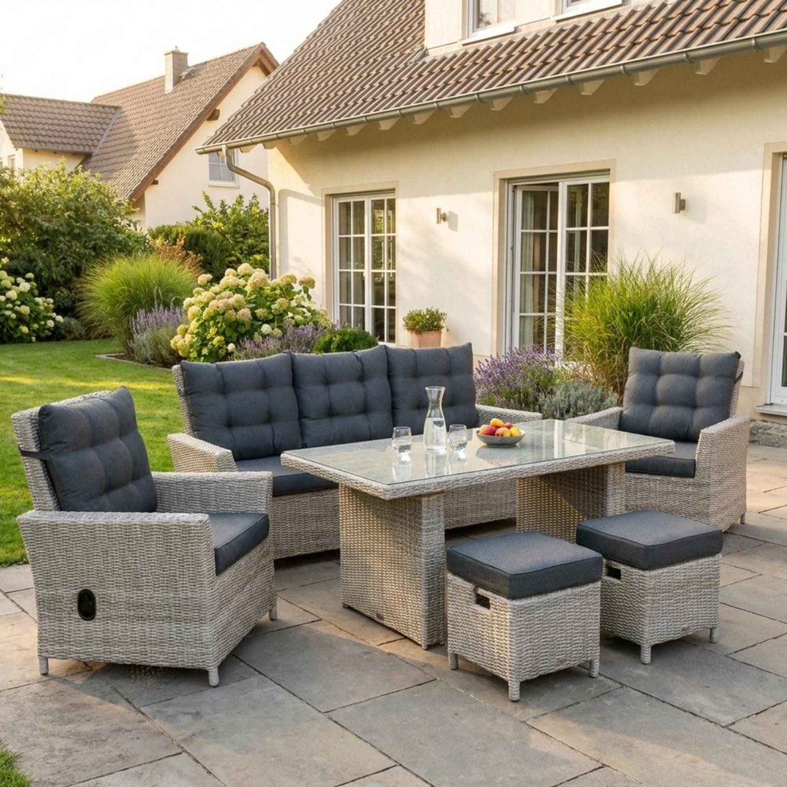 bellavista - Home&Garden® Gartenlounge-Set Dininglounge-Set Asti 7-Personen Polyrattan grau mit Tisch, (19-tlg), Aluminium Rattanlounge, stufenlos verstellbare Rückenlehnen