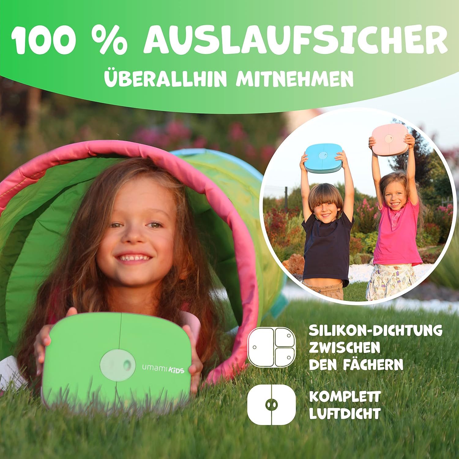 UMAMI Lunchbox Kids - mit Besteck, auslaufsicher, langlebig, Bento-Stil, (Kita-Jungen und Mädchen,BPA-frei, mikrowellen- und spülmaschinenfest), 3 große Fächer,ideale Portionsgrößen für 3 bis 9 Jahre