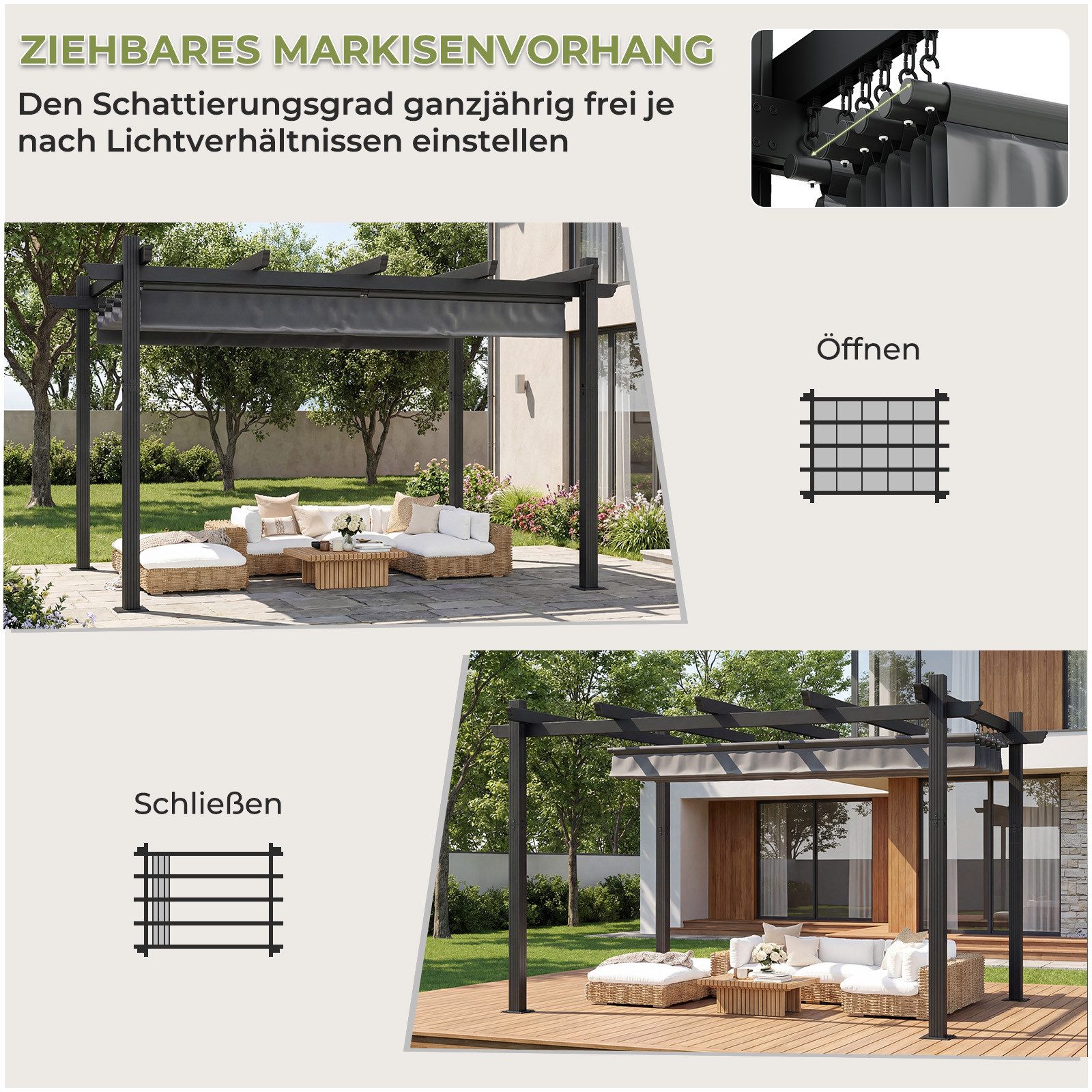 GUNJI Pergola 3x3/3x4m Winterfest, Magnetisch befestigte Aluminium-Pergola, (180g PA-beschichtetes Polyester, UV-geschützt, geeignet für Garten, Terrasse, Poolszenen), Magnetisch befestigbares Schiebedach