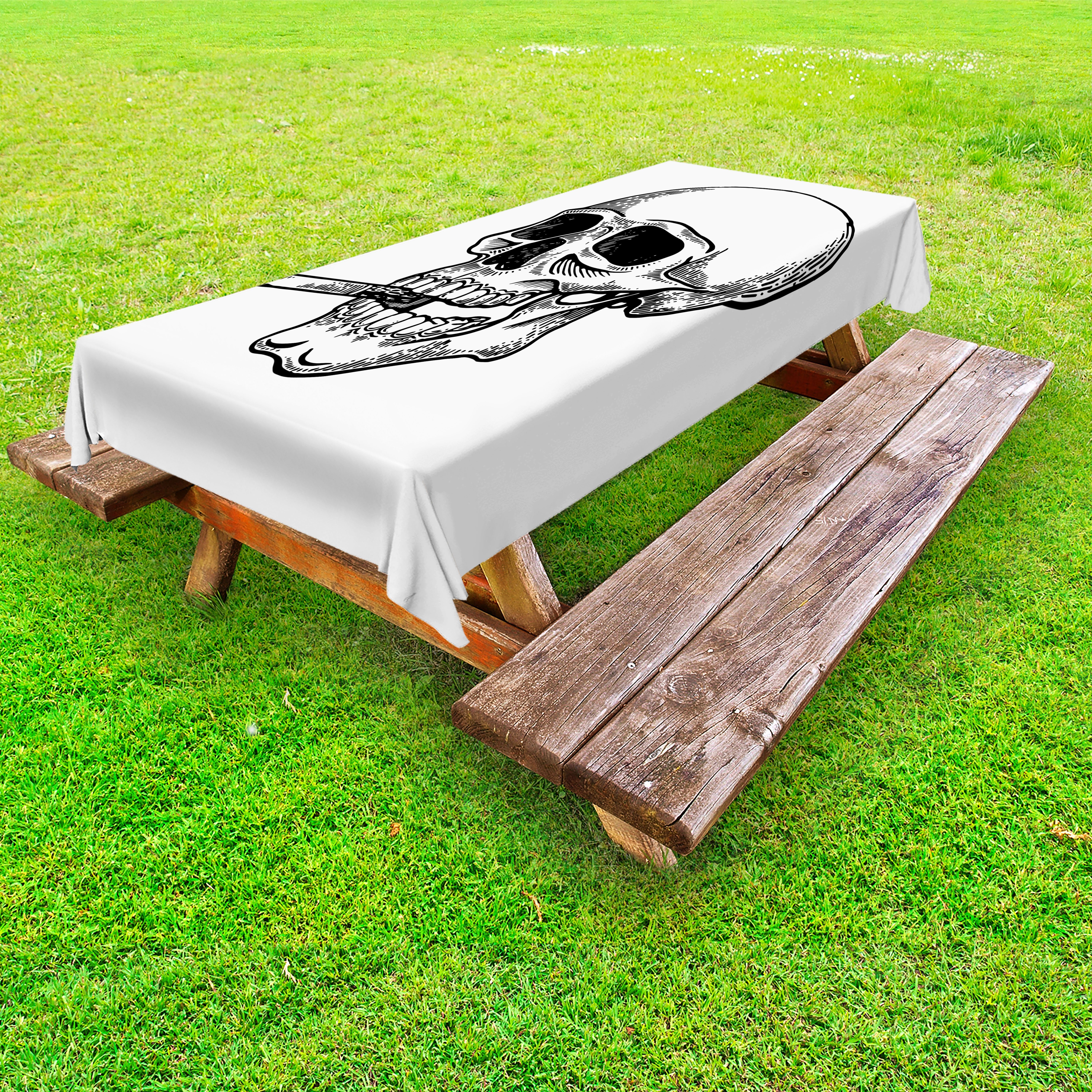 Tischdecke Monochrome Abakuhaus Kopfbild dekorative Picknick-Tischdecke, Schädel-Rauchen waschbare