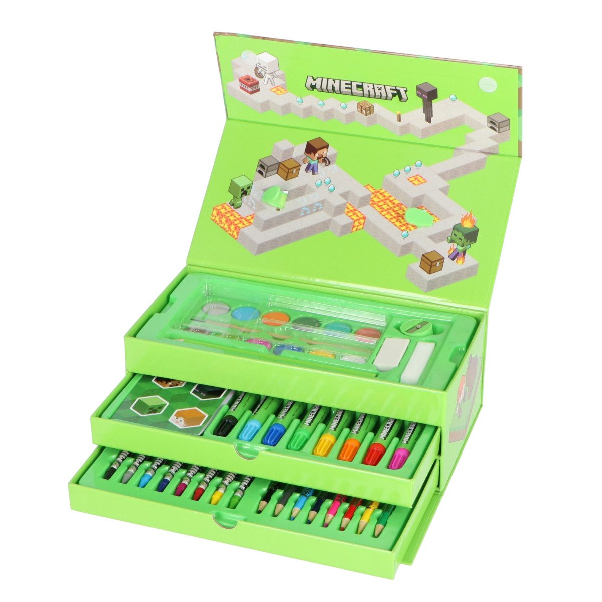 Minecraft Farbkasten Malkoffer für Kinder – Kreativset mit Stiften und Wasserfarbkasten